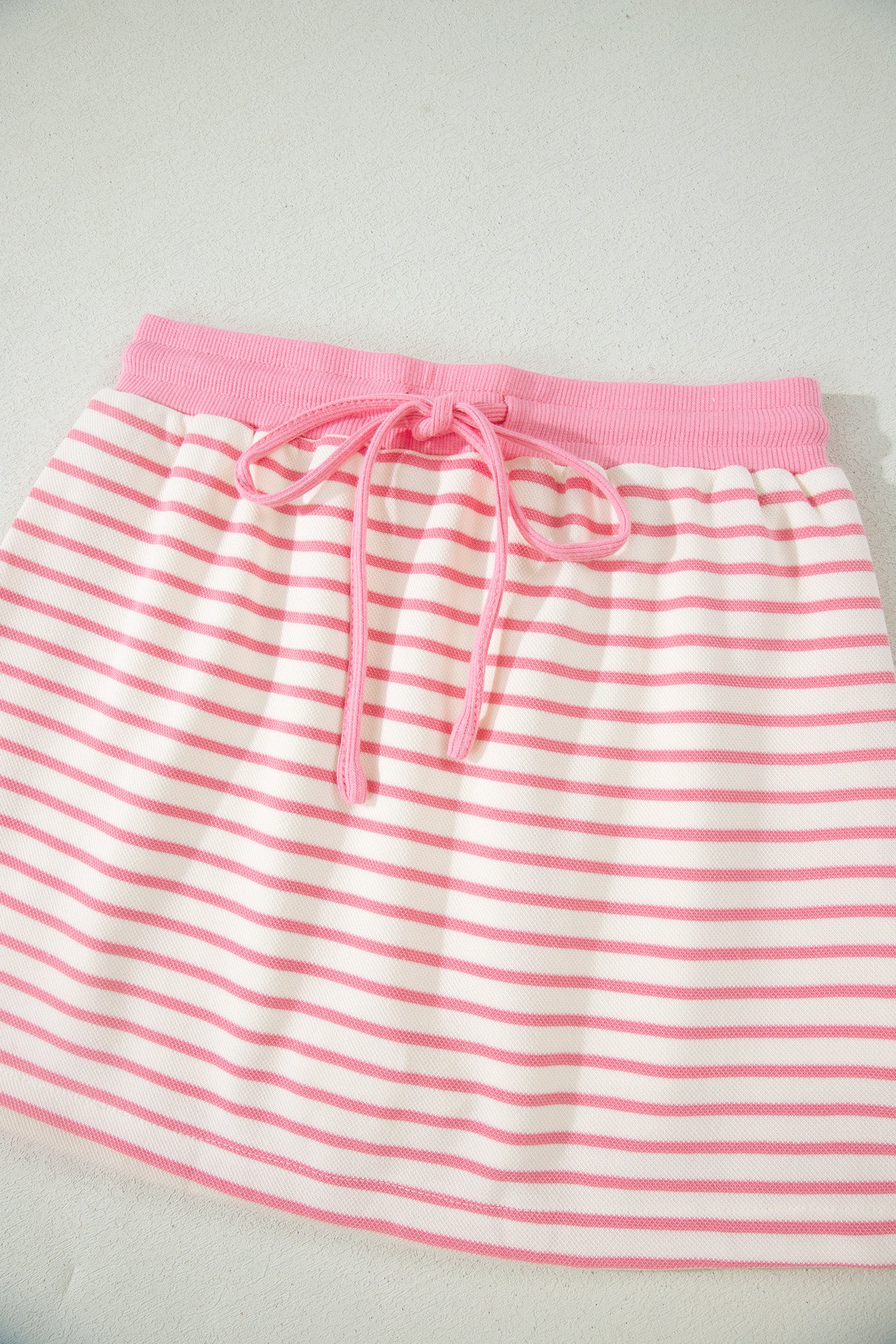 Pink Stripe Color Block Patchwork Polo Tee Drawstring Elastic Waist 2pcs Skort Set