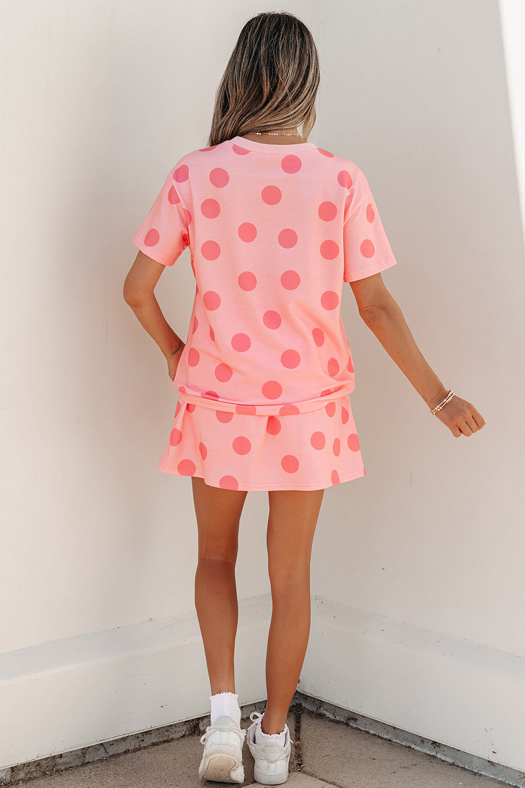 Pink Polka Dot Short Sleeve Top Casual Skort 2pcs Outfit
