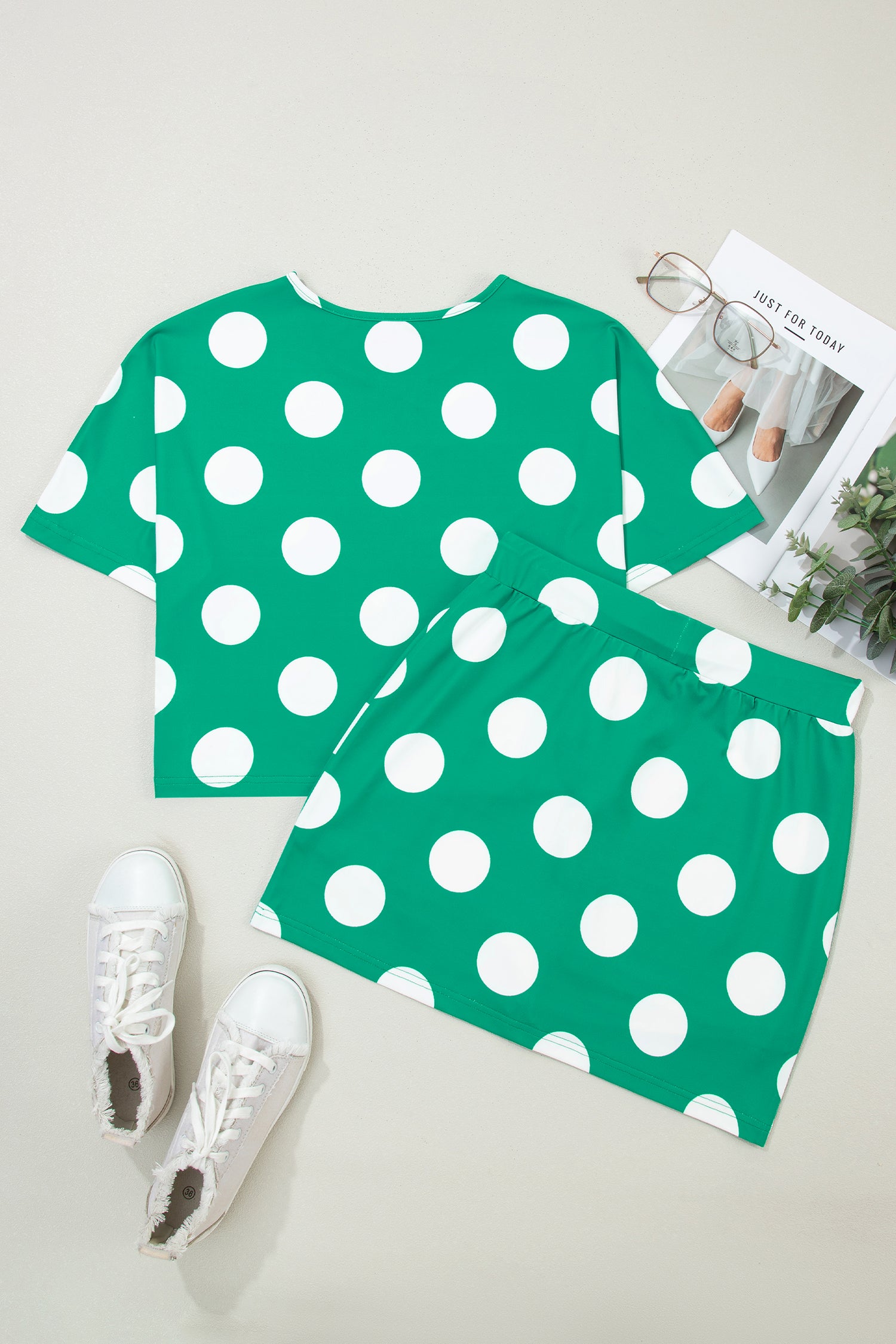 Green Polka Dot Print Cropped Tee Bodycon Skort 2pcs Set