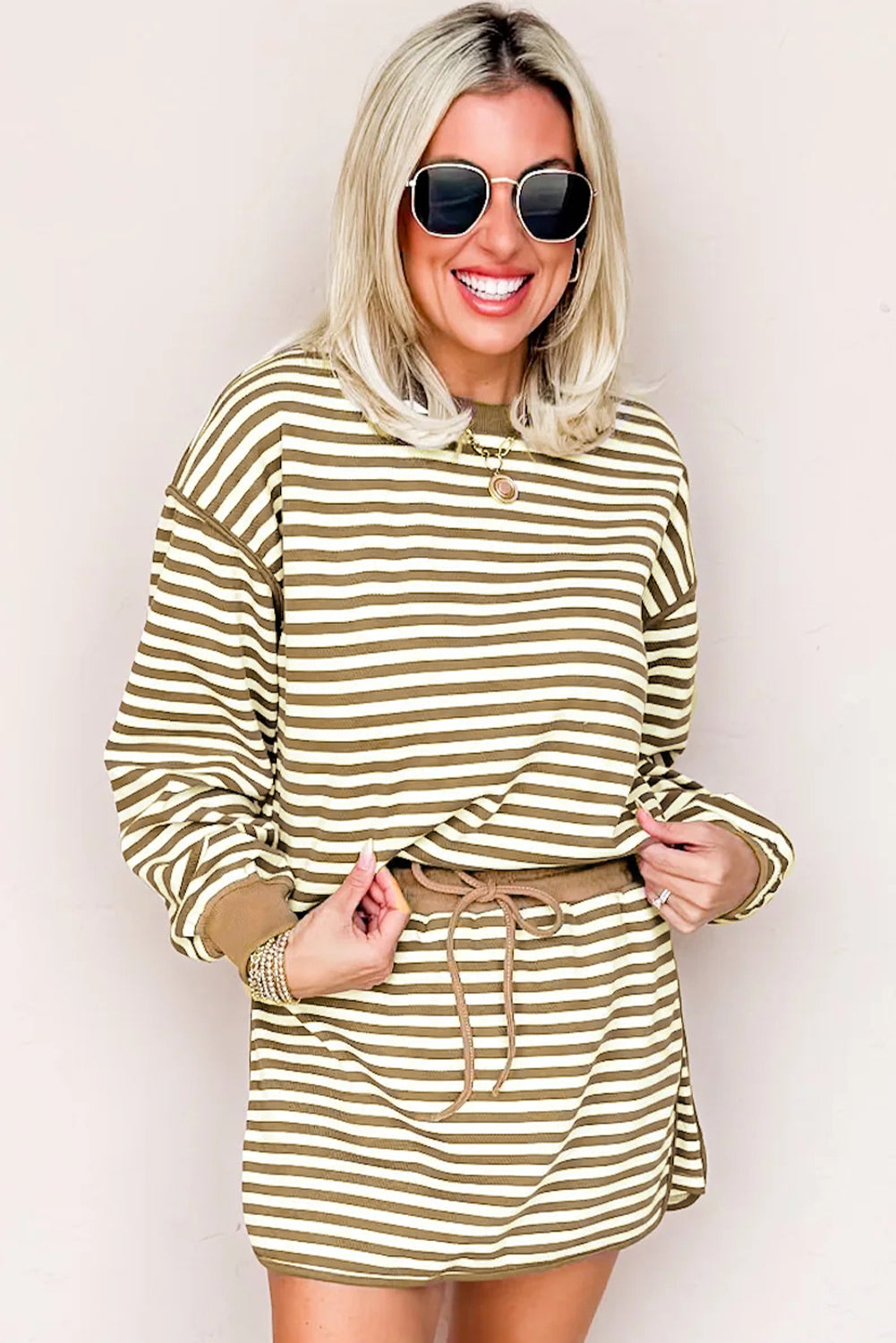 Brown Stripe Textured Drop Shoulder Pullover Top Drawstring Mini Skort Two Piece Dress Set
