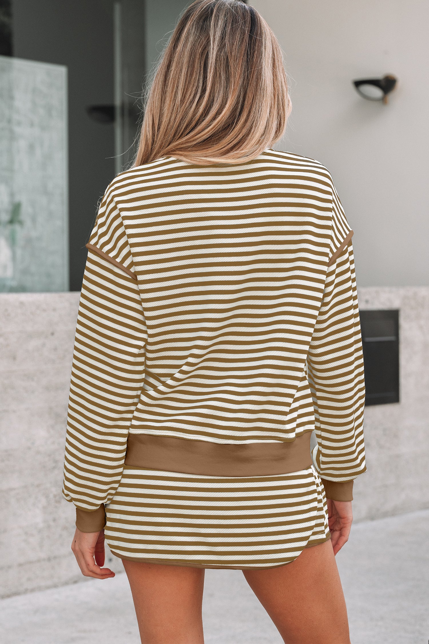 Brown Stripe Textured Drop Shoulder Pullover Top Drawstring Mini Skort Two Piece Dress Set
