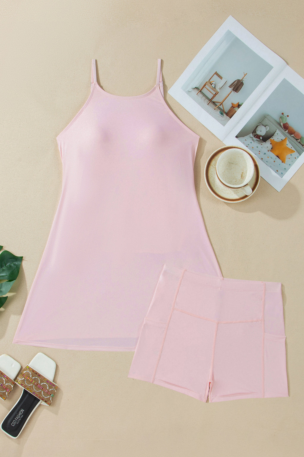 Pink Solid Color Tunic Tank Dress Athletic Shorts Two Piece Set