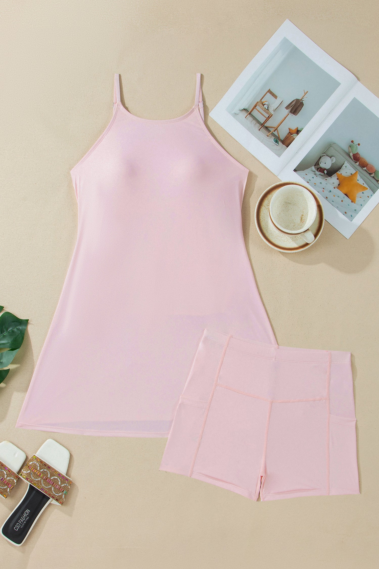 Pink Solid Color Tunic Tank Dress Athletic Shorts Two Piece Set