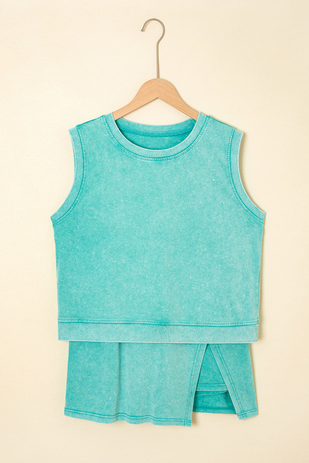 Mint Green Solid Color Washed Sleeveless Top Split Skort Cotton 2pcs Outfit