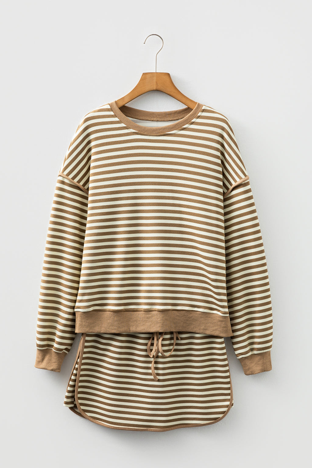 Brown Stripe Textured Drop Shoulder Pullover Top Drawstring Mini Skort Two Piece Dress Set