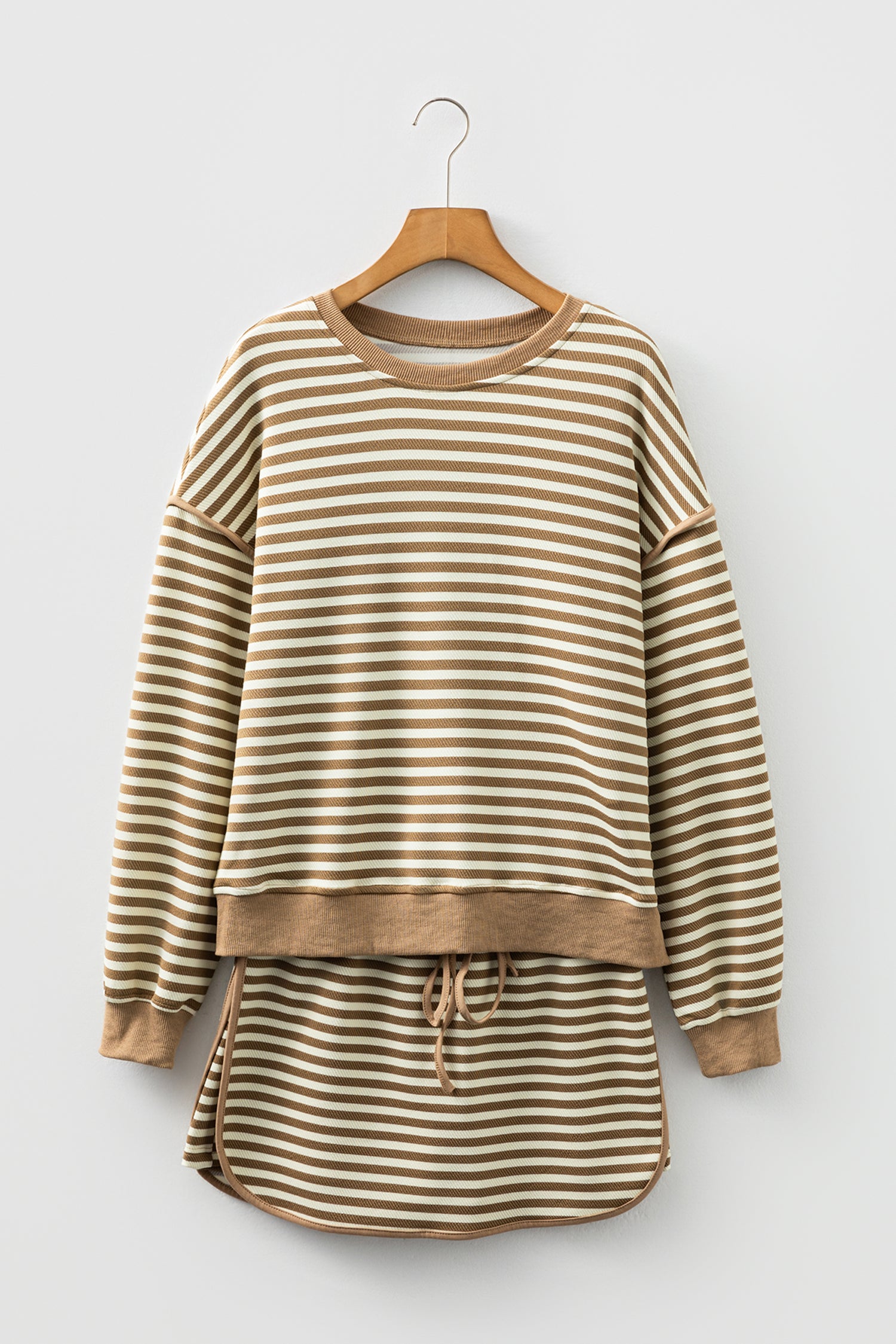 Brown Stripe Textured Drop Shoulder Pullover Top Drawstring Mini Skort Two Piece Dress Set