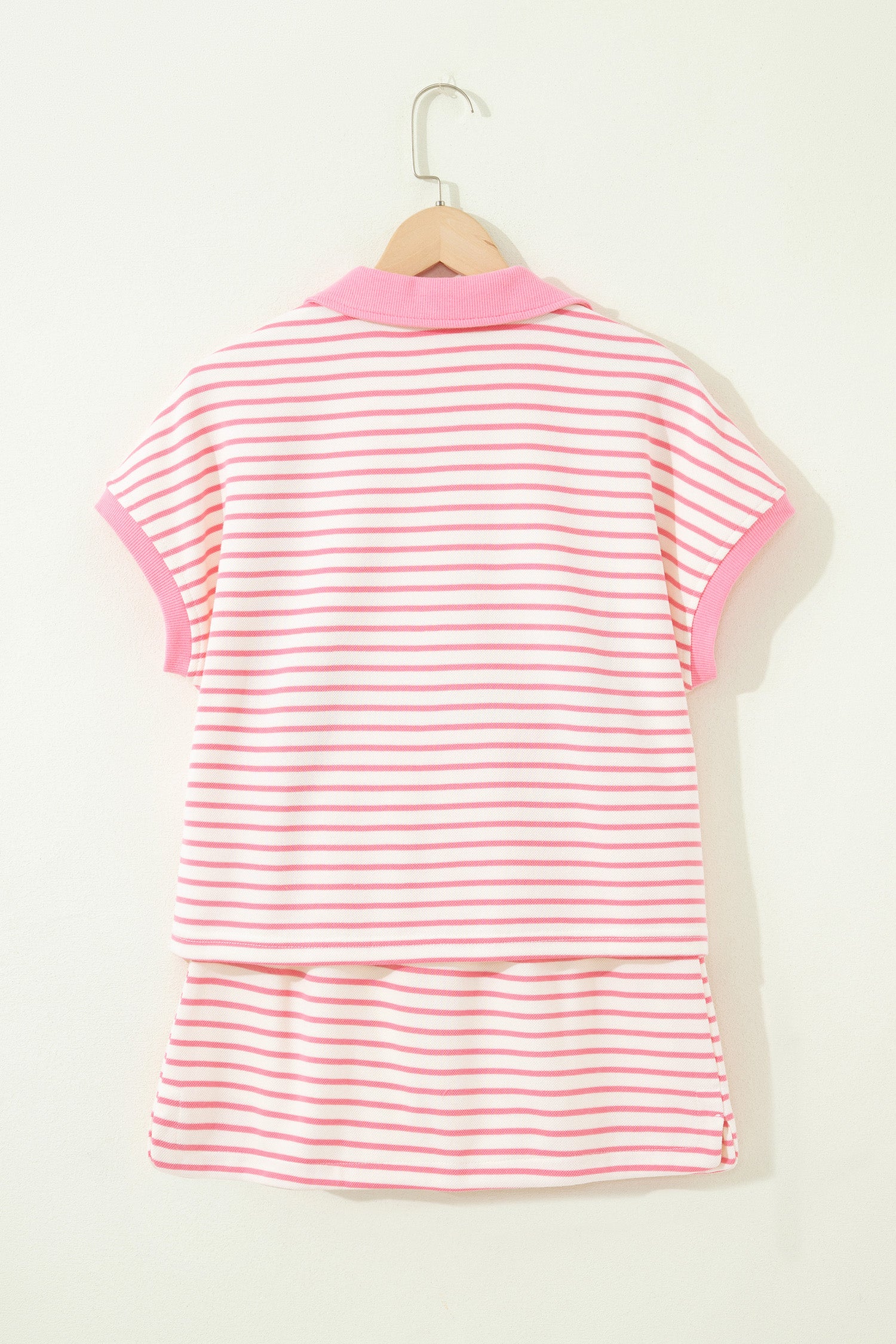 Pink Stripe Color Block Patchwork Polo Tee Drawstring Elastic Waist 2pcs Skort Set
