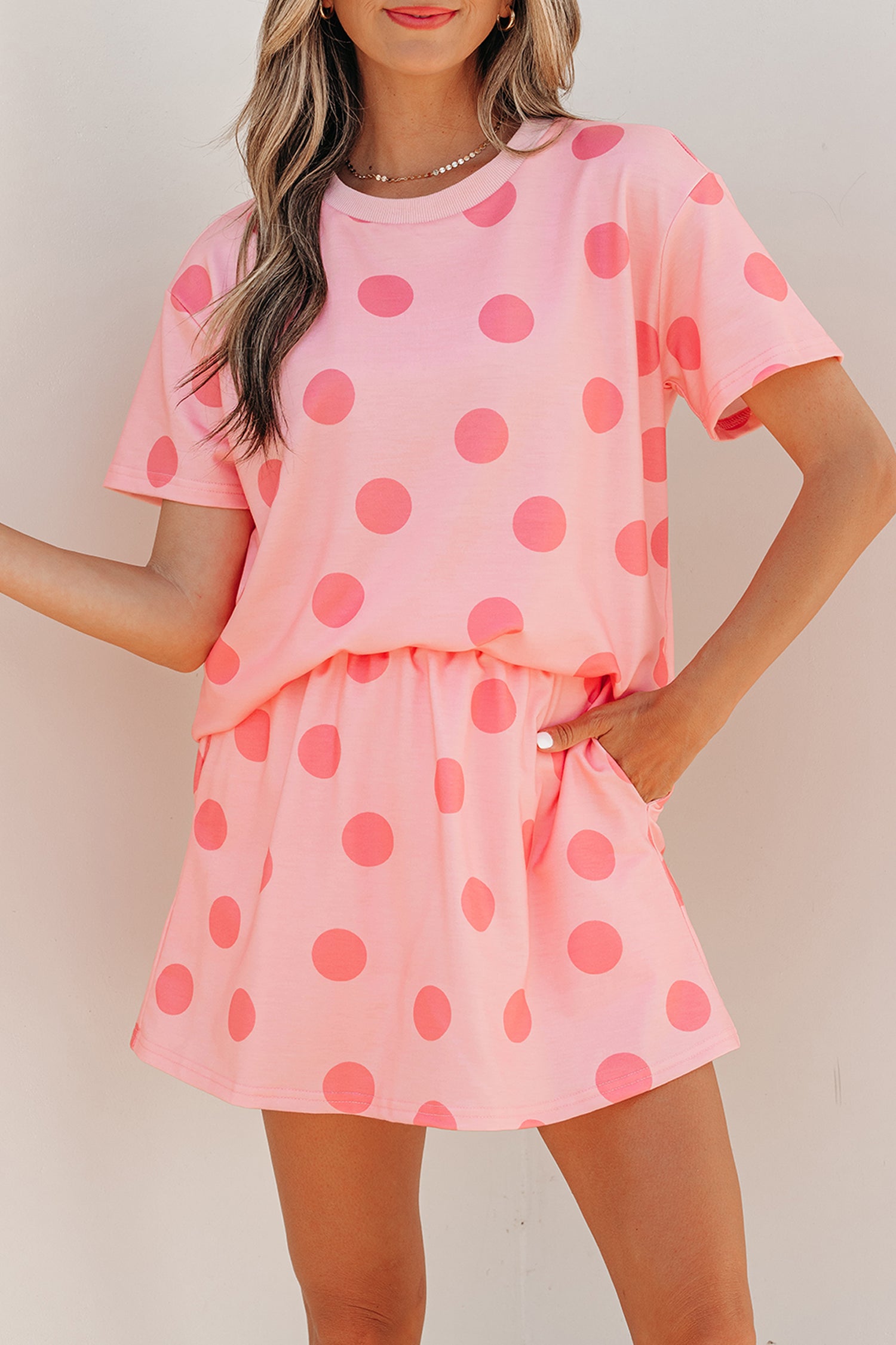 Pink Polka Dot Short Sleeve Top Casual Skort 2pcs Outfit