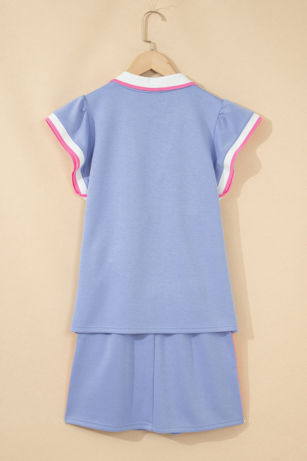 Sky Blue Preppy Striped Trim V Neck Polo Tee Drawstring Skort Set