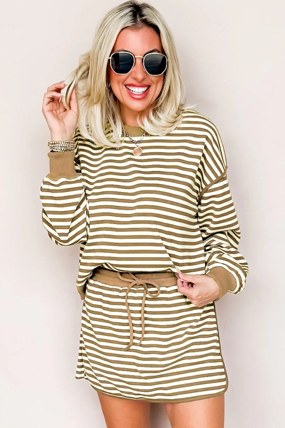 Brown Stripe Textured Drop Shoulder Pullover Top Drawstring Mini Skort Two Piece Dress Set