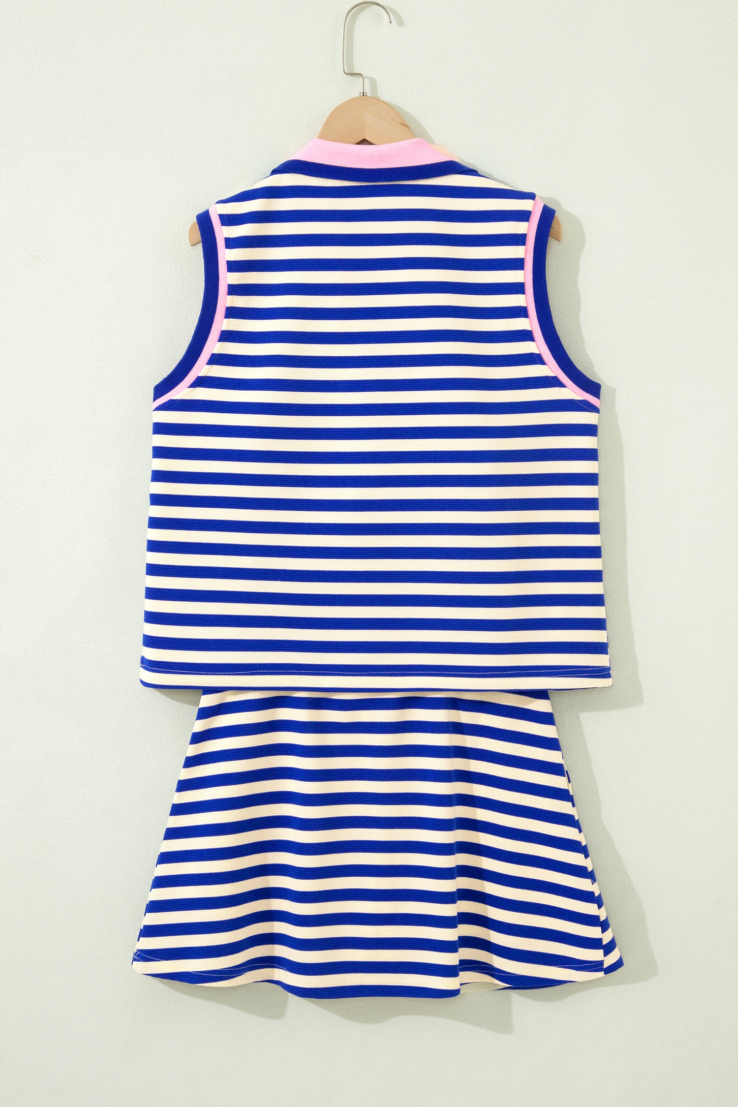 Dark Blue Textured Stripe Print Contrast Trim Zip Collar Sleeveless 2pcs Skort Set