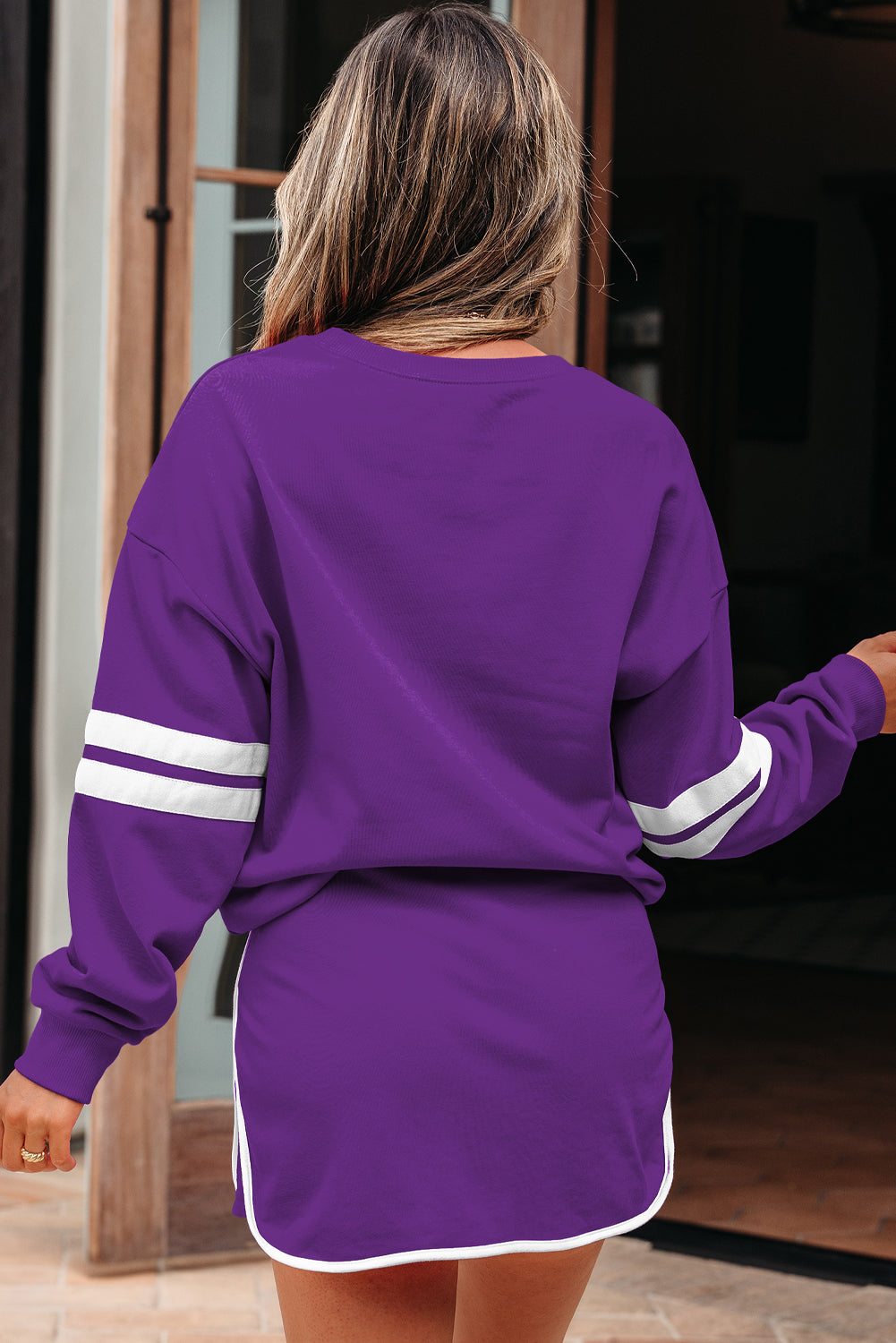 Tillandsia Purple Varsity Stripe Detail Drop Shoulder Pullover Mini Skort Set