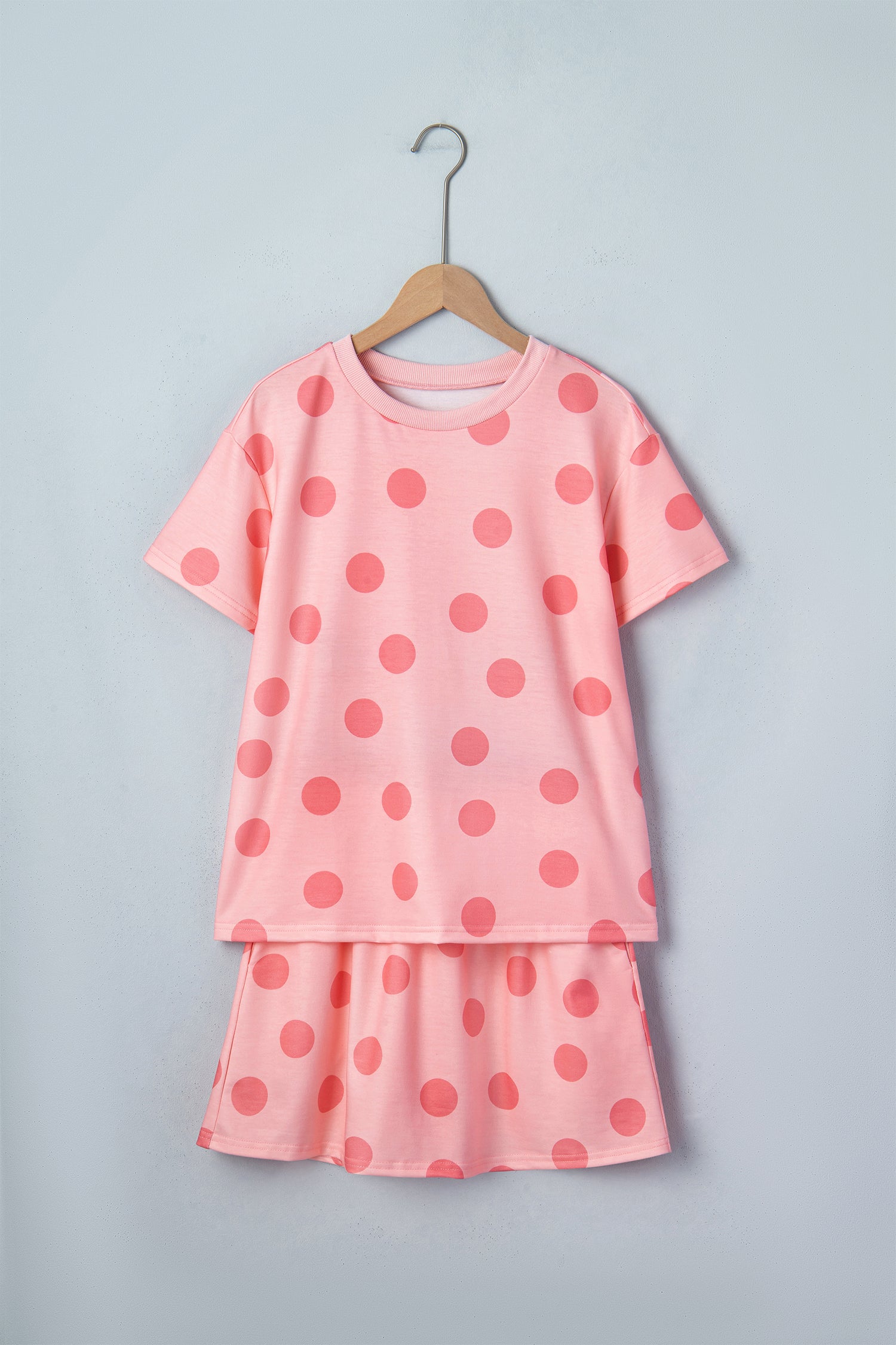 Pink Polka Dot Short Sleeve Top Casual Skort 2pcs Outfit