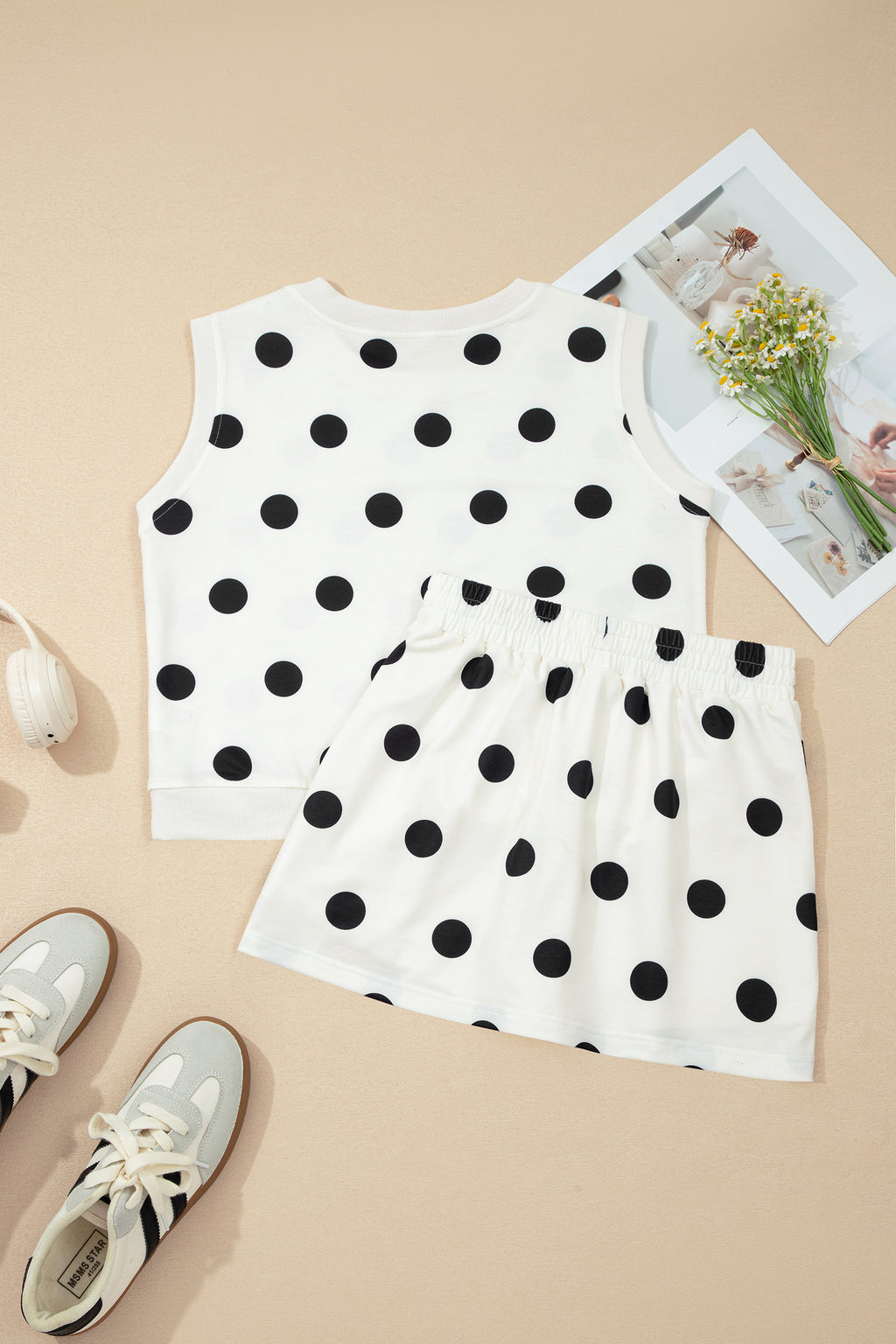 White Ribbed Trim Polka Dot Print Tank Split Mini Skort 2pcs Set