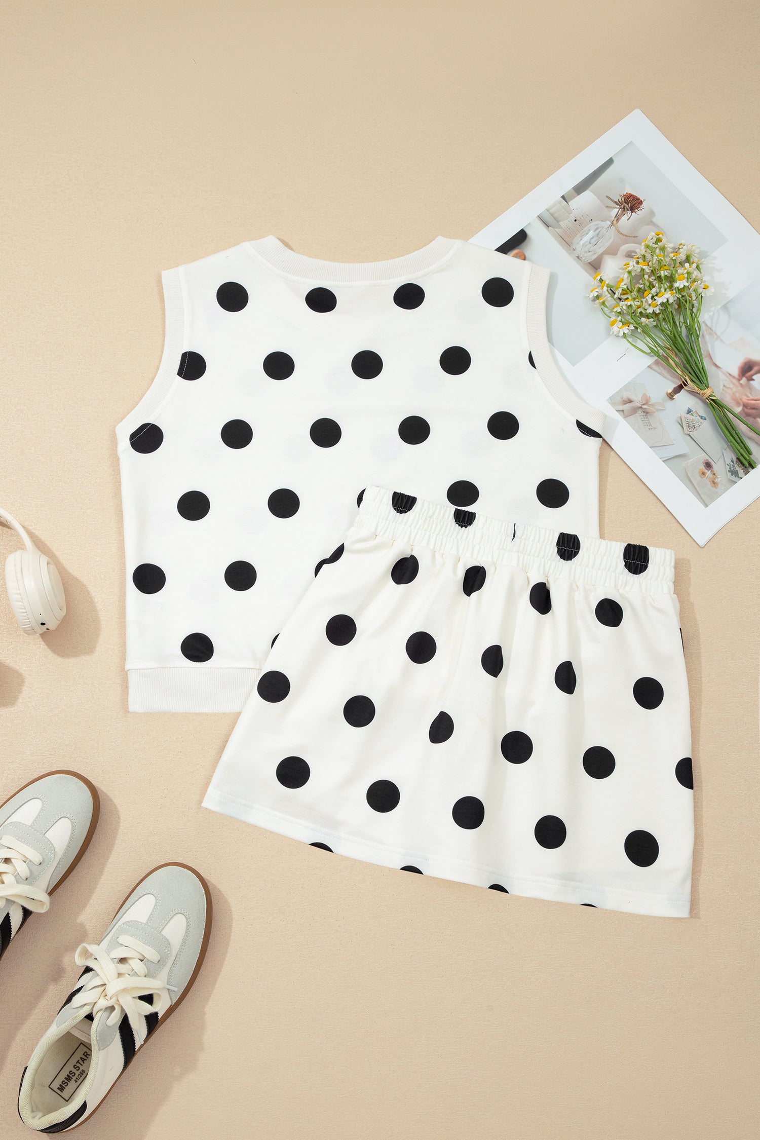 White Ribbed Trim Polka Dot Print Tank Split Mini Skort 2pcs Set