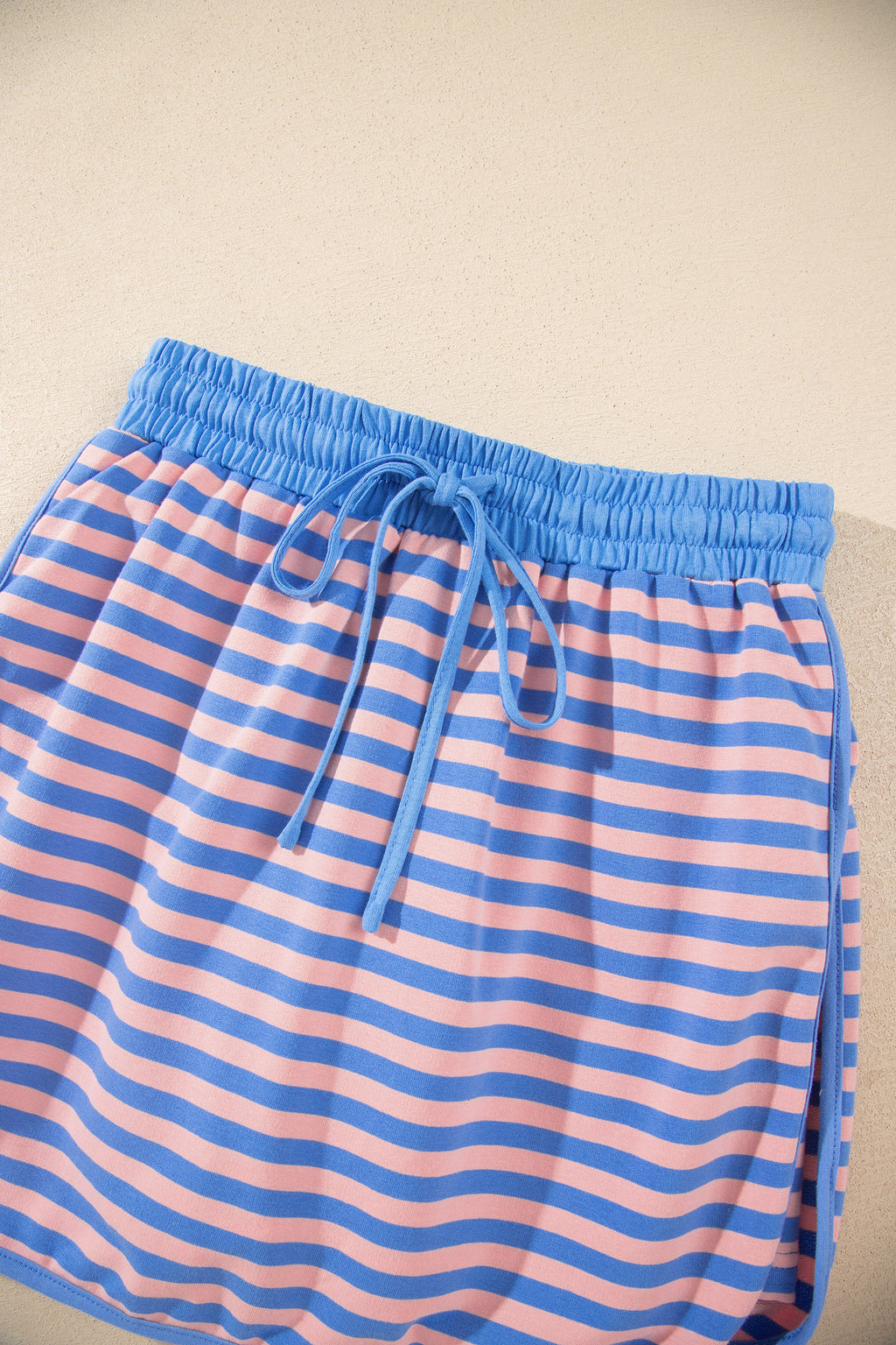 Blue Stripe Long Sleeve Relaxed Pullover Drawstring Mini Skort 2pcs Set