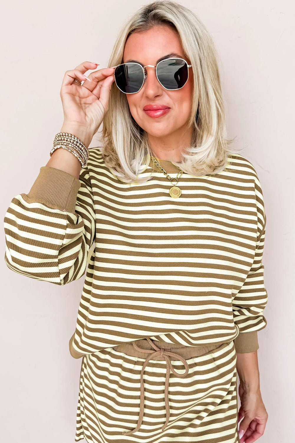 Brown Stripe Textured Drop Shoulder Pullover Top Drawstring Mini Skort Two Piece Dress Set