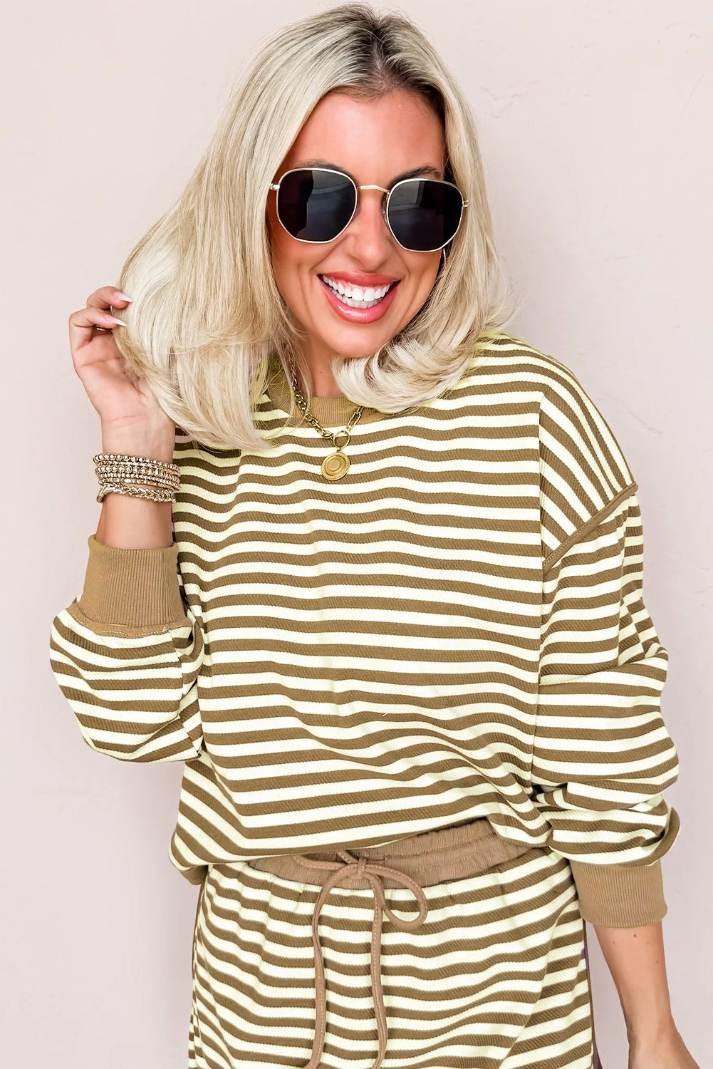 Brown Stripe Textured Drop Shoulder Pullover Top Drawstring Mini Skort Two Piece Dress Set