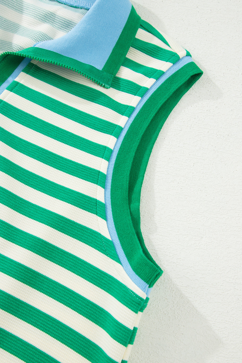 Bright Green Textured Stripe Print Contrast Trim Zip Collar Sleeveless 2pcs Skort Set