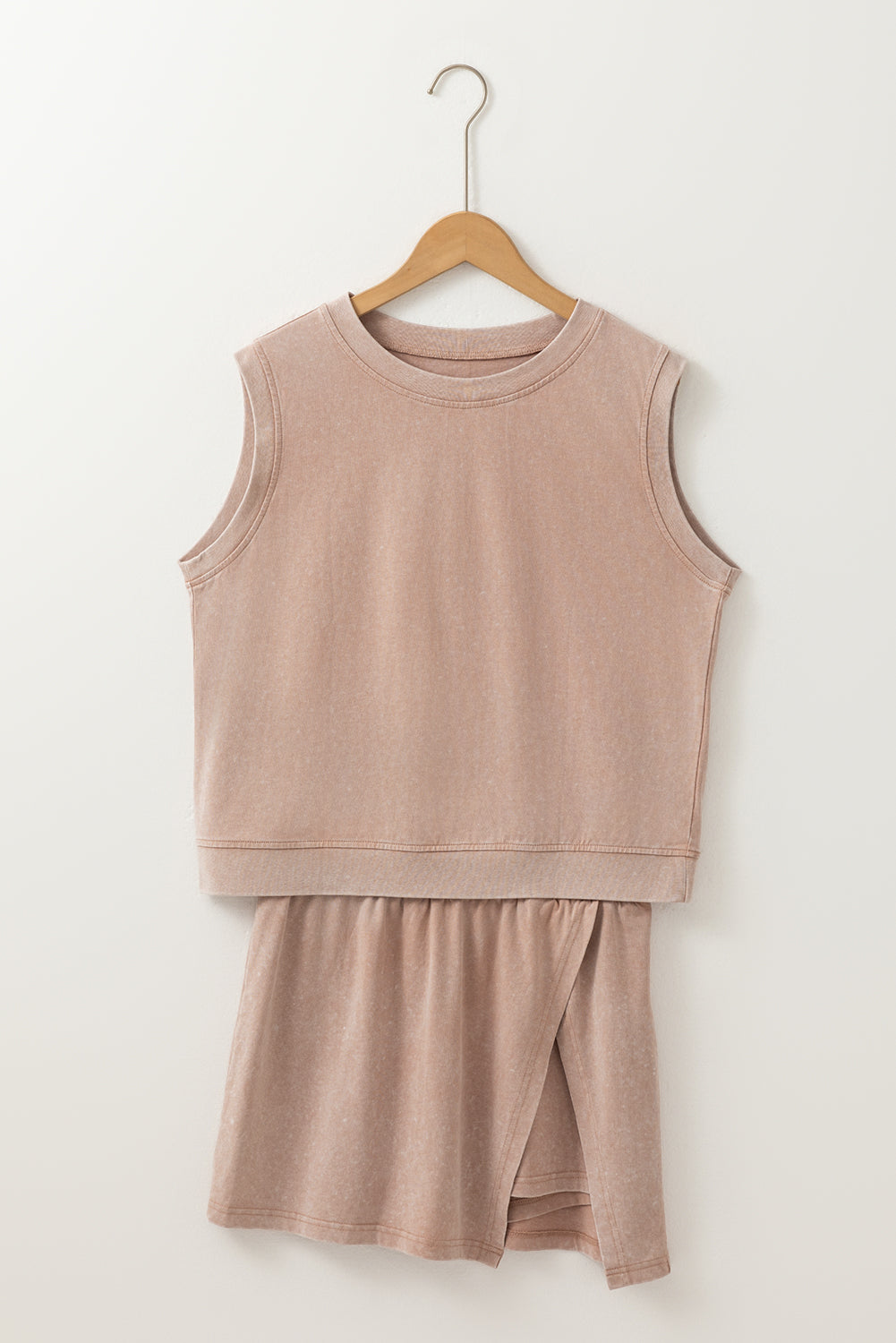 Smoke Gray Solid Color Washed Sleeveless Top Split Skort Cotton 2pcs Outfit
