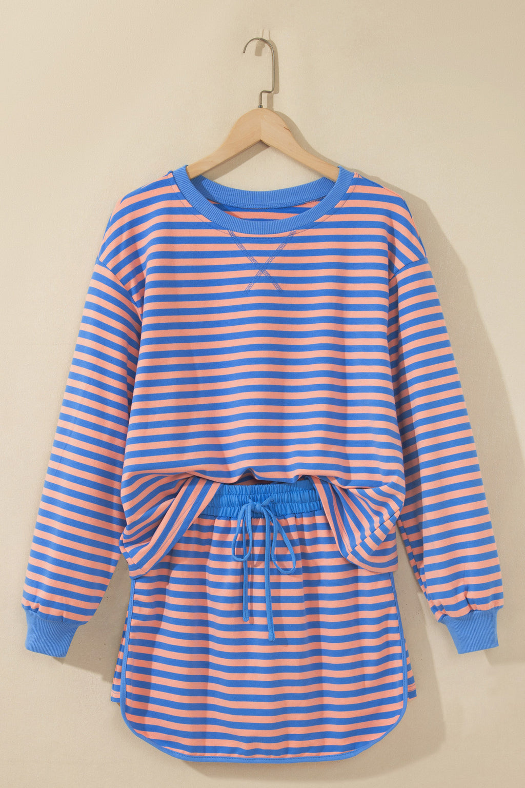 Blue Stripe Long Sleeve Relaxed Pullover Drawstring Mini Skort 2pcs Set