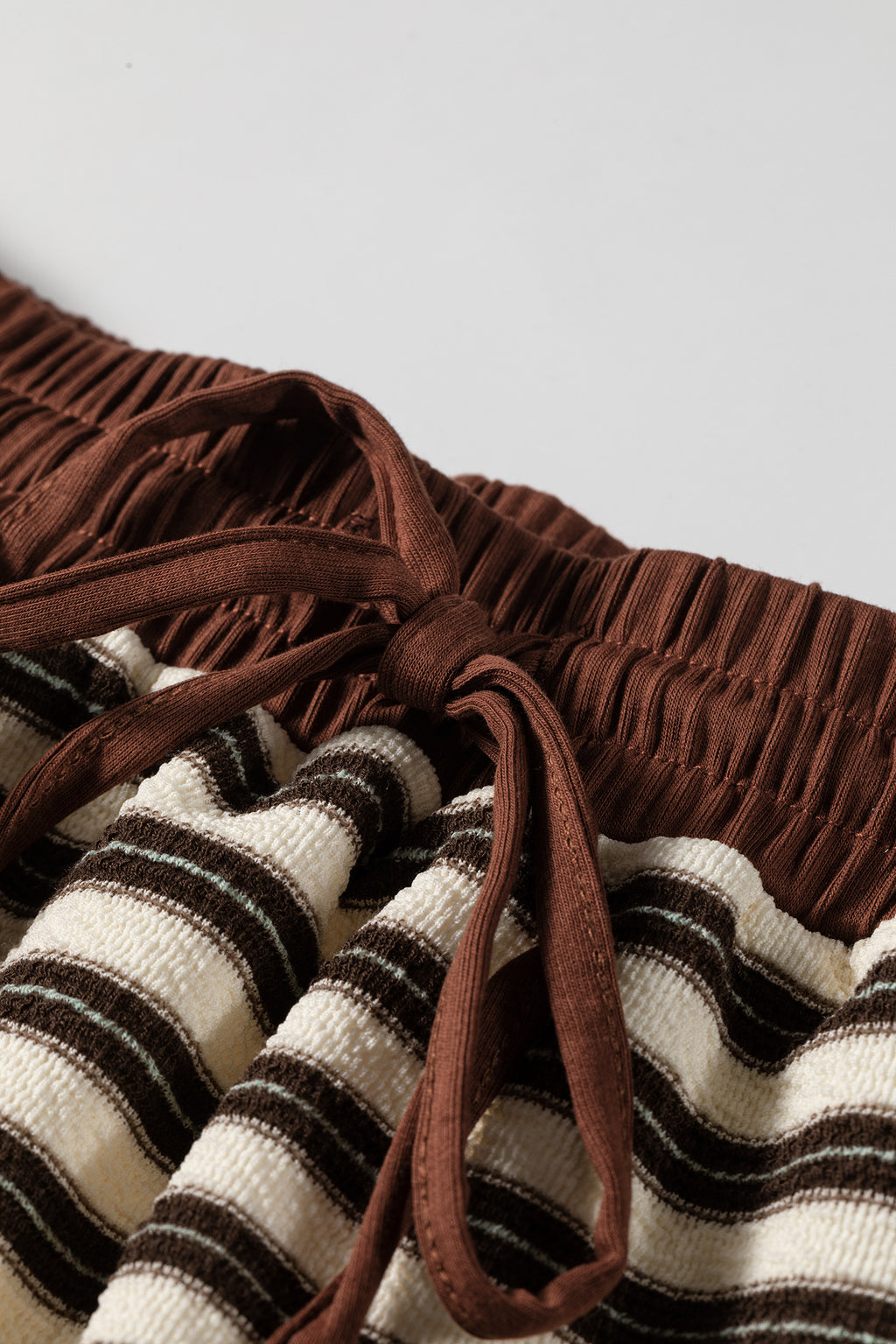 Brown Stripe Contrast Trim Button Neck Long Sleeve Top Drawstring Mini Skirt Set