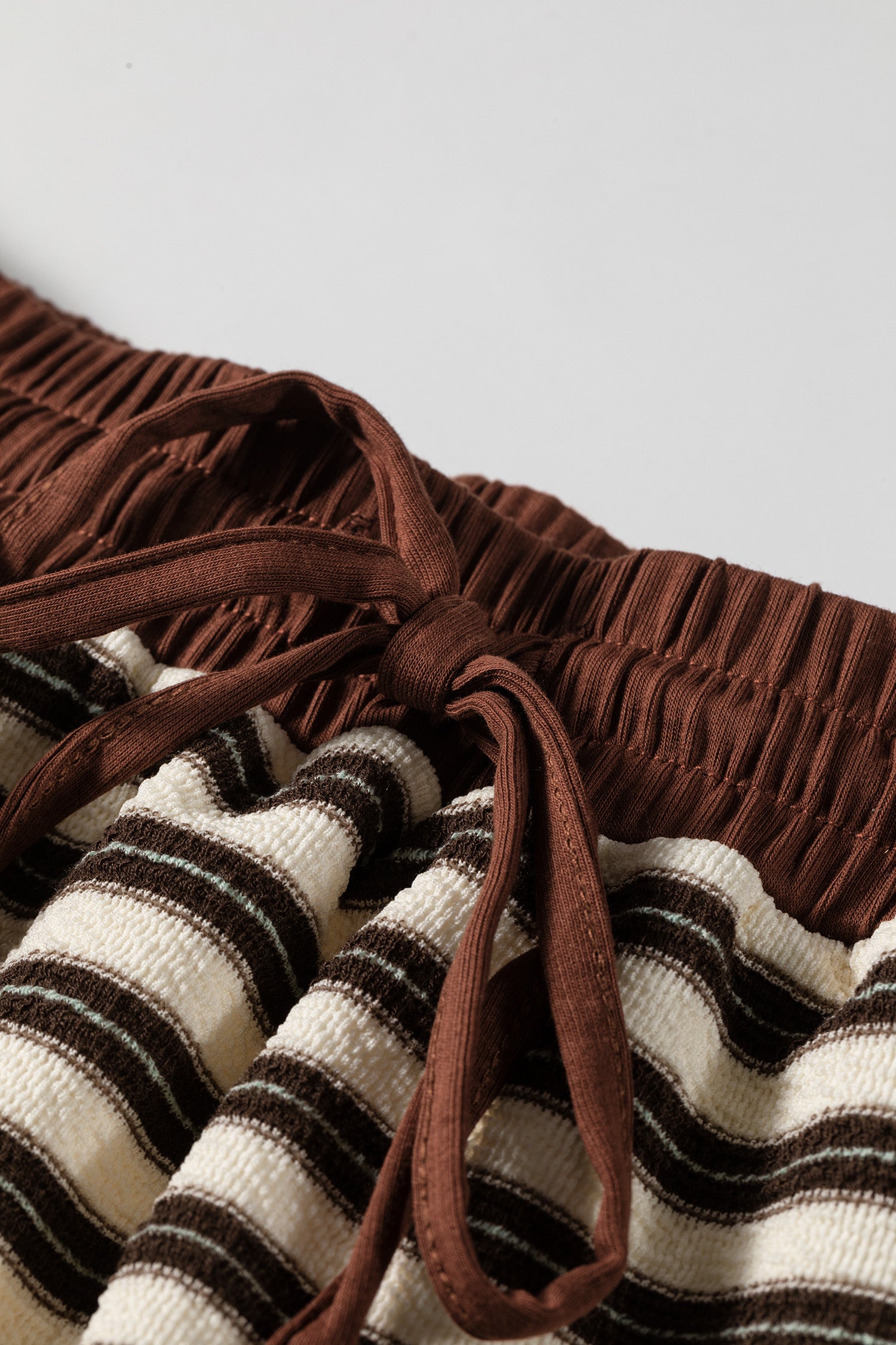 Brown Stripe Contrast Trim Button Neck Long Sleeve Top Drawstring Mini Skirt Set