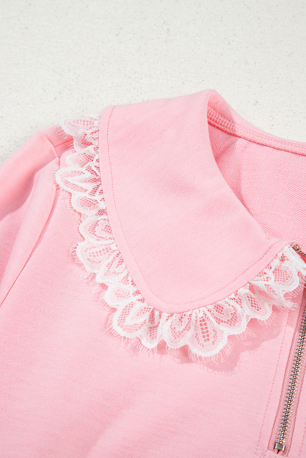 Pink Peter Pan Lace Embellished Neck Collision Sweatshirt and Skirt Two Piece Set