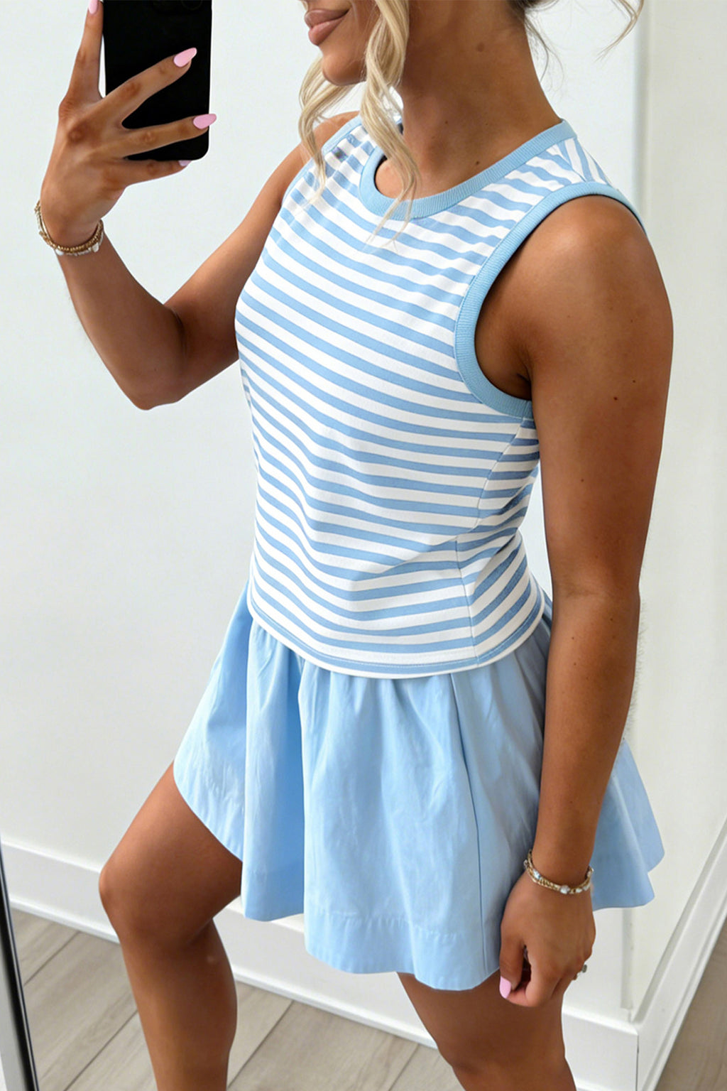 Sky Blue Stripe Slim Tank Contrast Ruffle Mini Skort Set