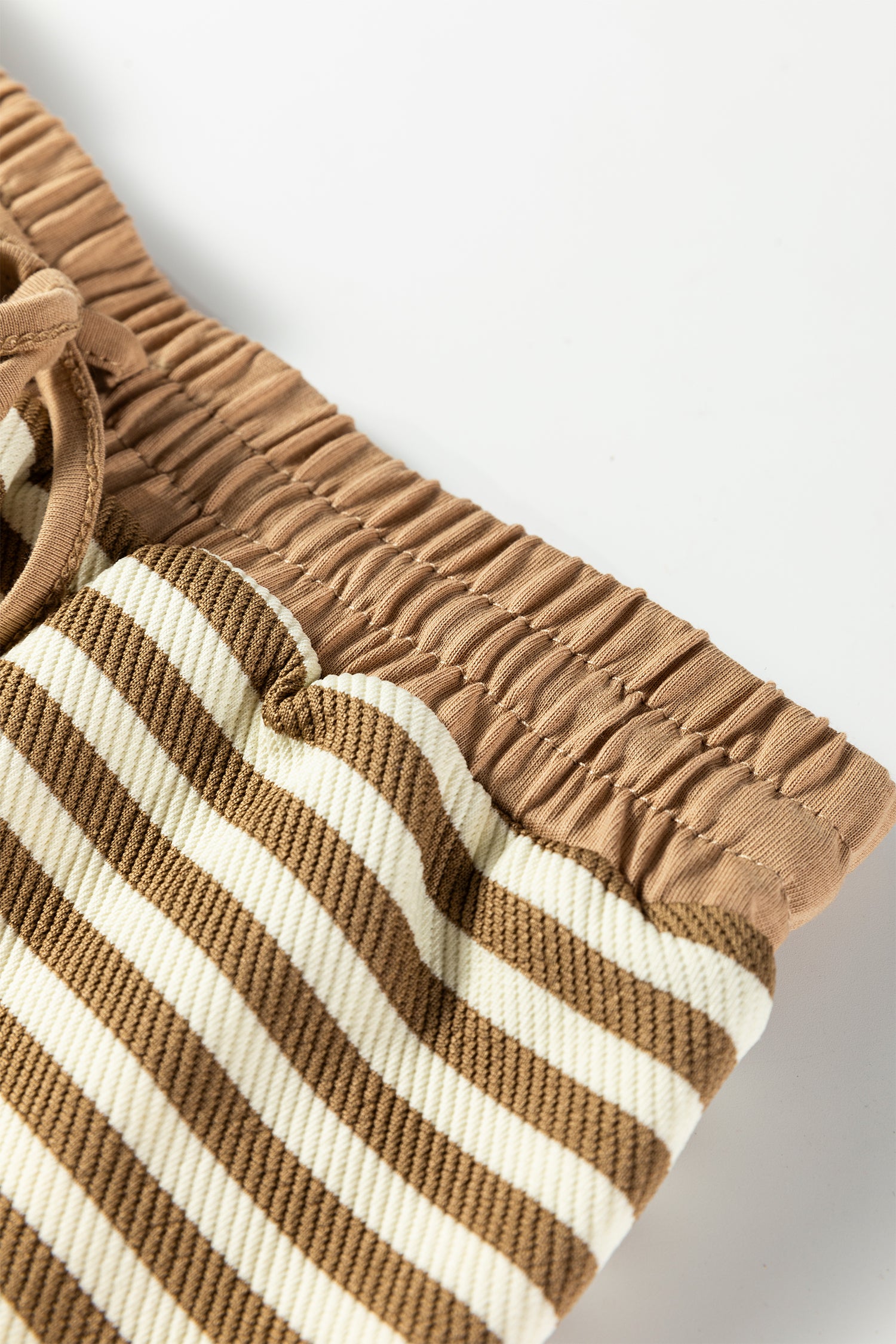Brown Stripe Textured Drop Shoulder Pullover Top Drawstring Mini Skort Two Piece Dress Set
