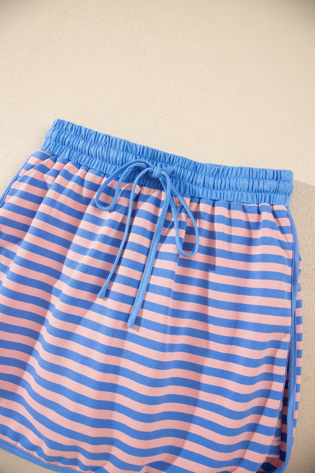 Blue Stripe Long Sleeve Relaxed Pullover Drawstring Mini Skort 2pcs Set