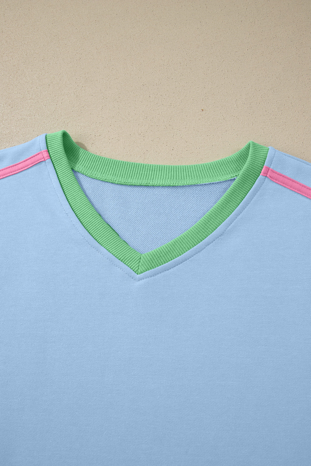Sky Blue Ribbed Colorblock Trim V Neck Sporty Pullover Mini Skort 2pcs Athleisure Set