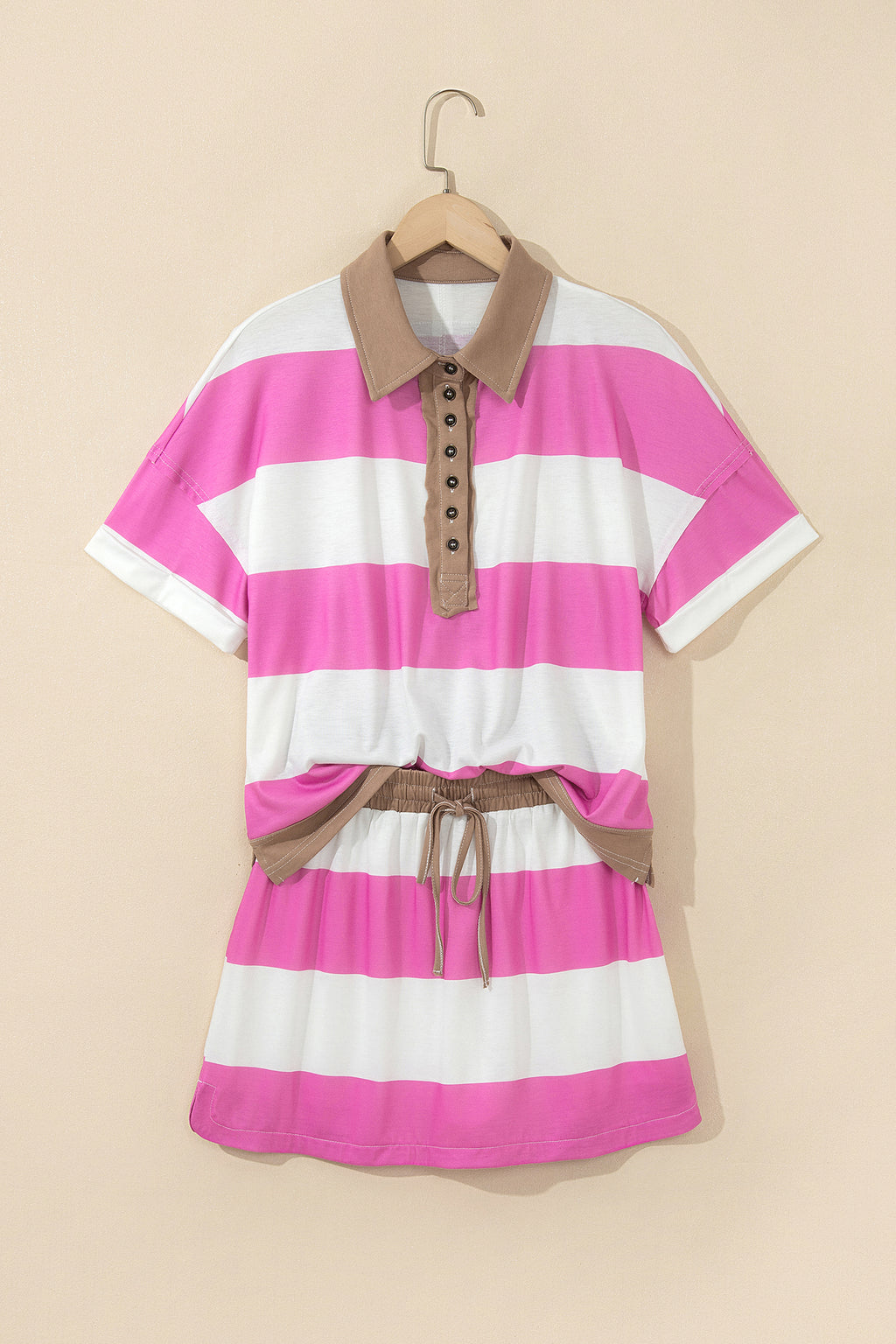 Rose Stripe Colorblock Trim Polo Tee Drawstring Mini Skort 2pcs Set