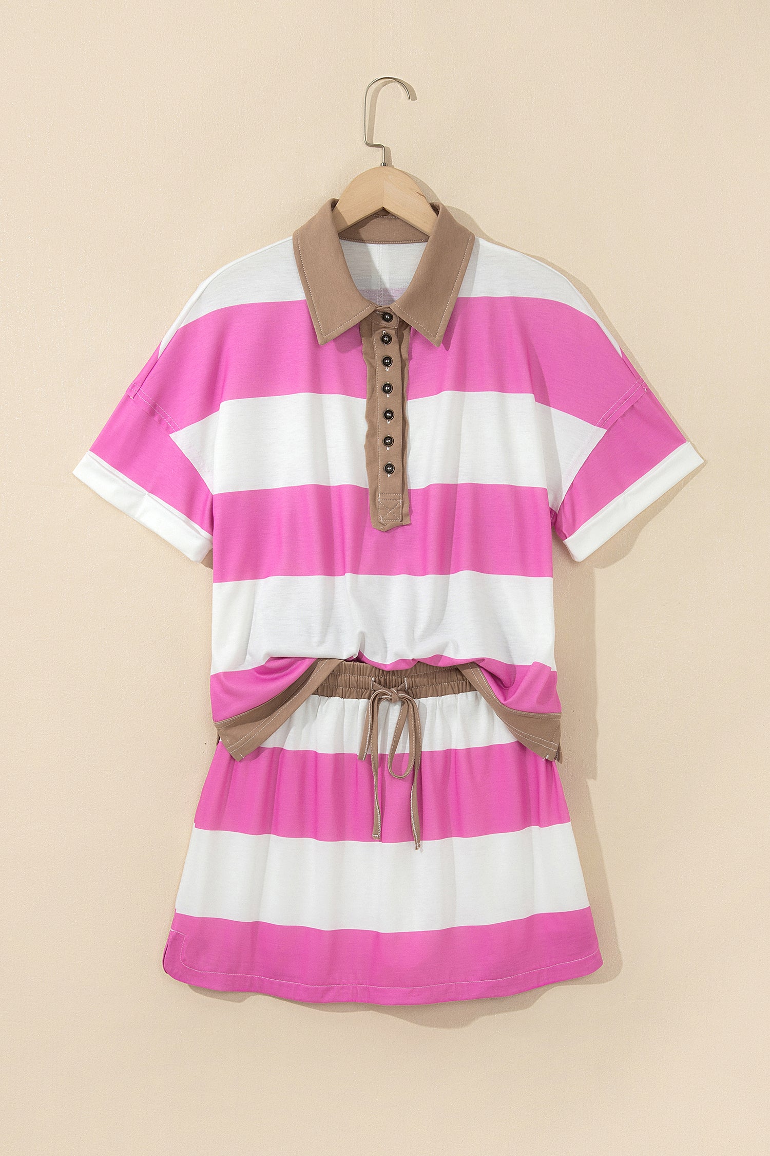 Rose Stripe Colorblock Trim Polo Tee Drawstring Mini Skort 2pcs Set
