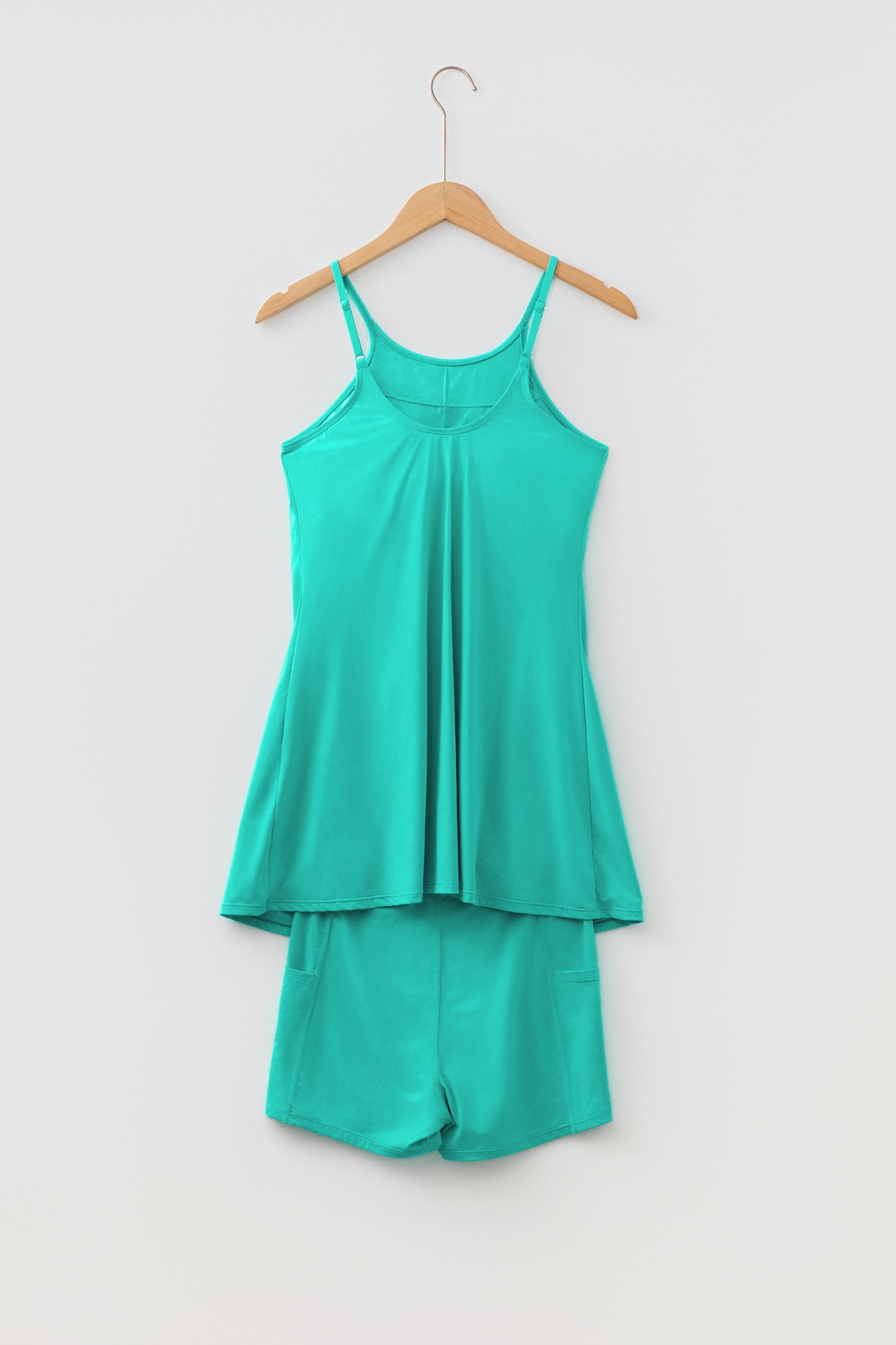 Sea Green Solid Color Tunic Tank Dress Athletic Shorts Two Piece Set