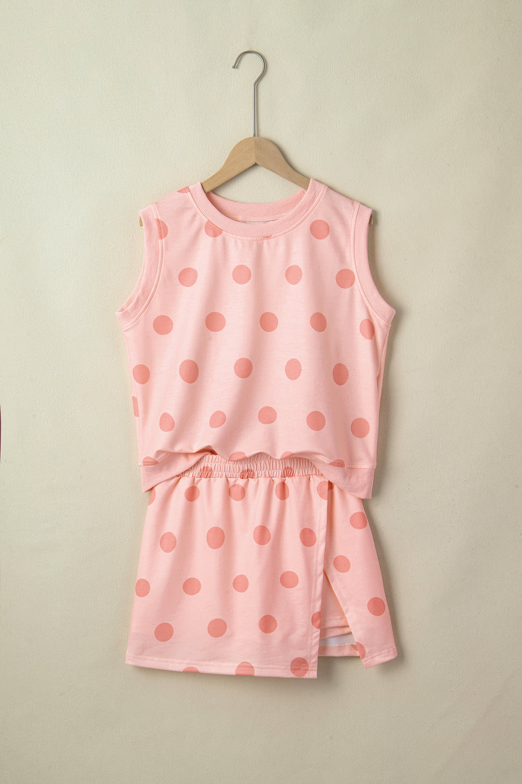 Pink Ribbed Trim Polka Dot Print Tank Split Mini Skort 2pcs Set