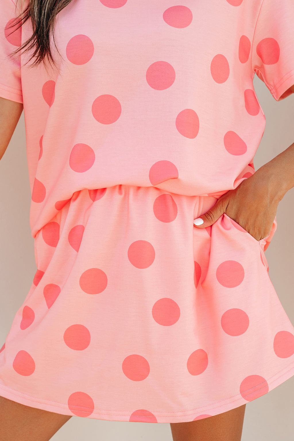 Pink Polka Dot Short Sleeve Top Casual Skort 2pcs Outfit