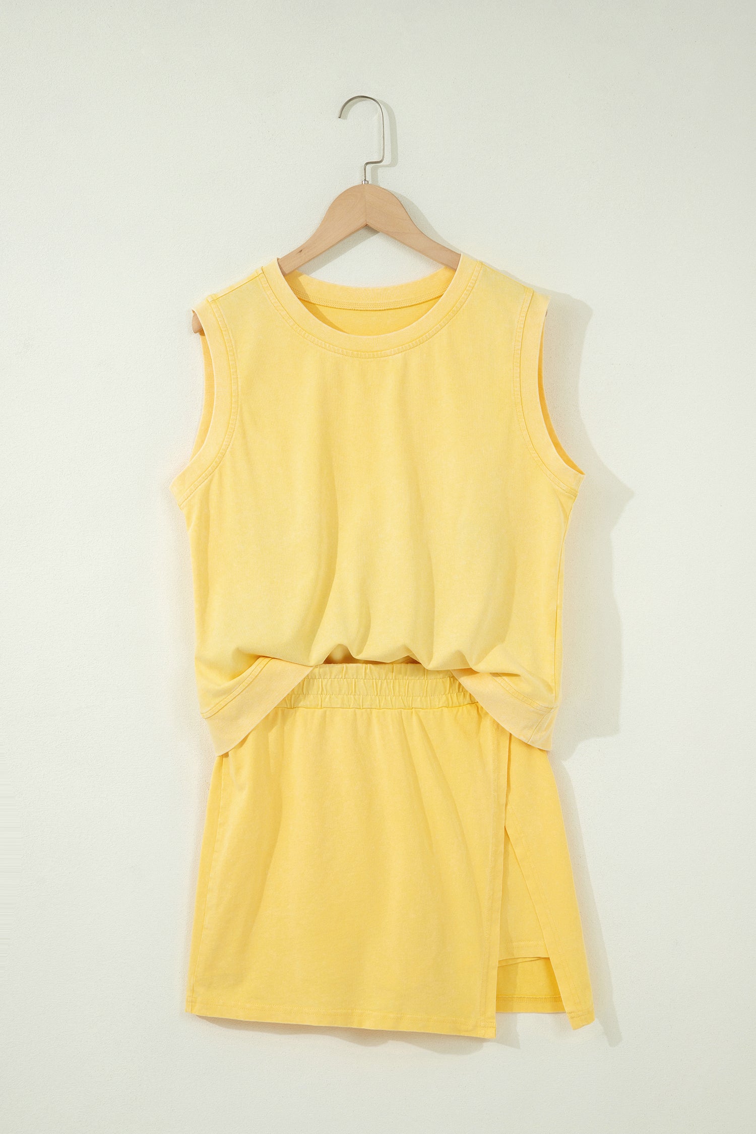 Yellow Cream Solid Color Washed Sleeveless Top Split Skort Cotton 2pcs Outfit