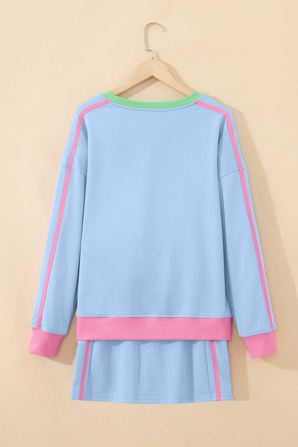 Sky Blue Ribbed Colorblock Trim V Neck Sporty Pullover Mini Skort 2pcs Athleisure Set