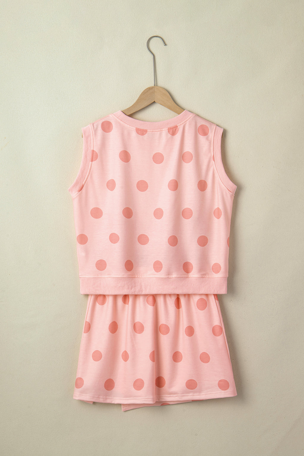 Pink Ribbed Trim Polka Dot Print Tank Split Mini Skort 2pcs Set