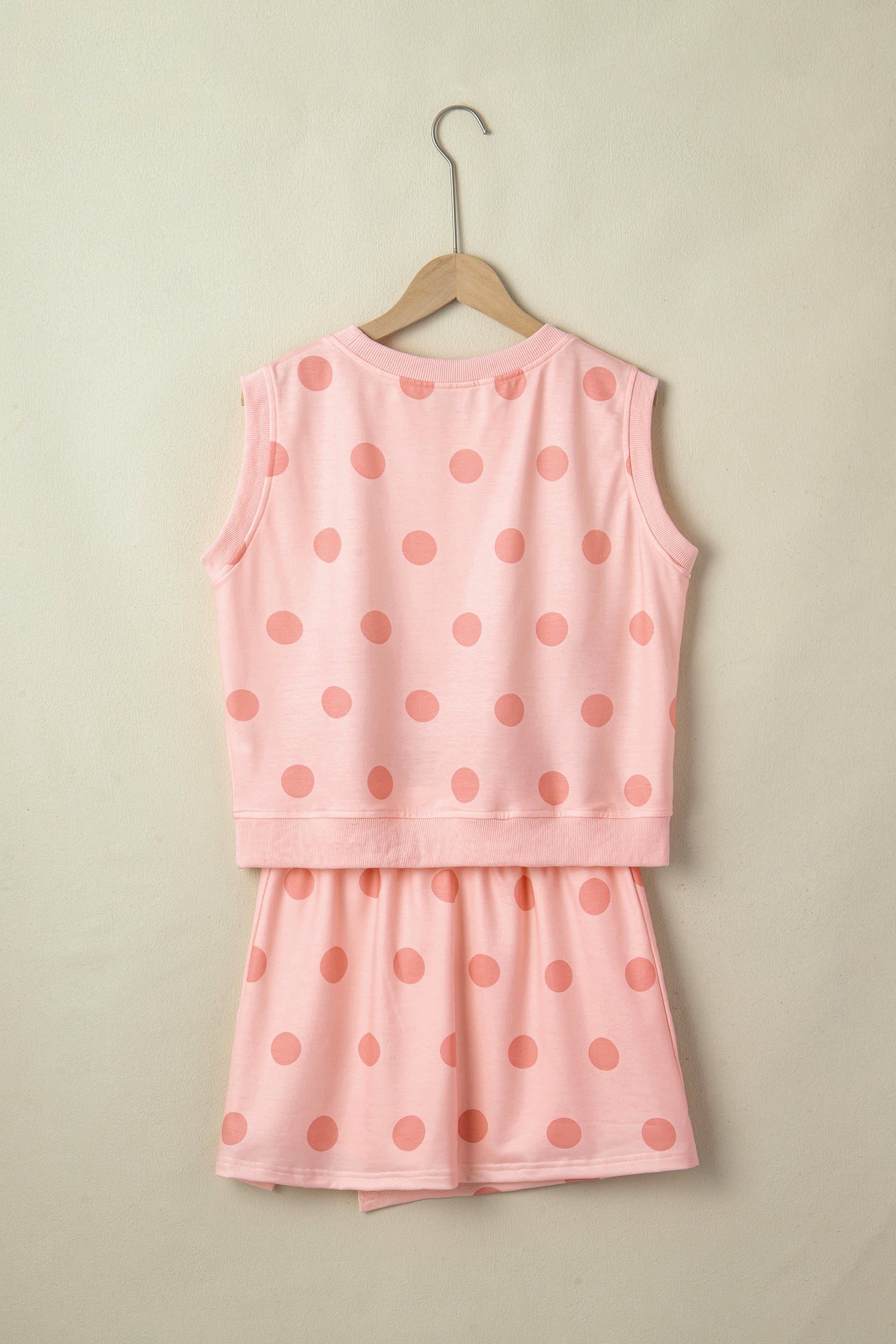Pink Ribbed Trim Polka Dot Print Tank Split Mini Skort 2pcs Set