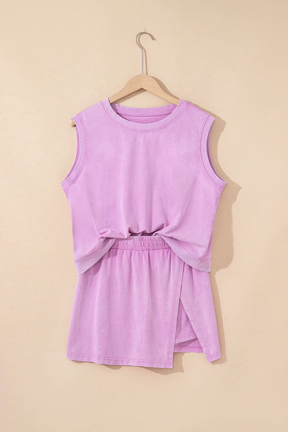 Phalaenopsis Solid Color Washed Sleeveless Top Split Skort Cotton 2pcs Outfit