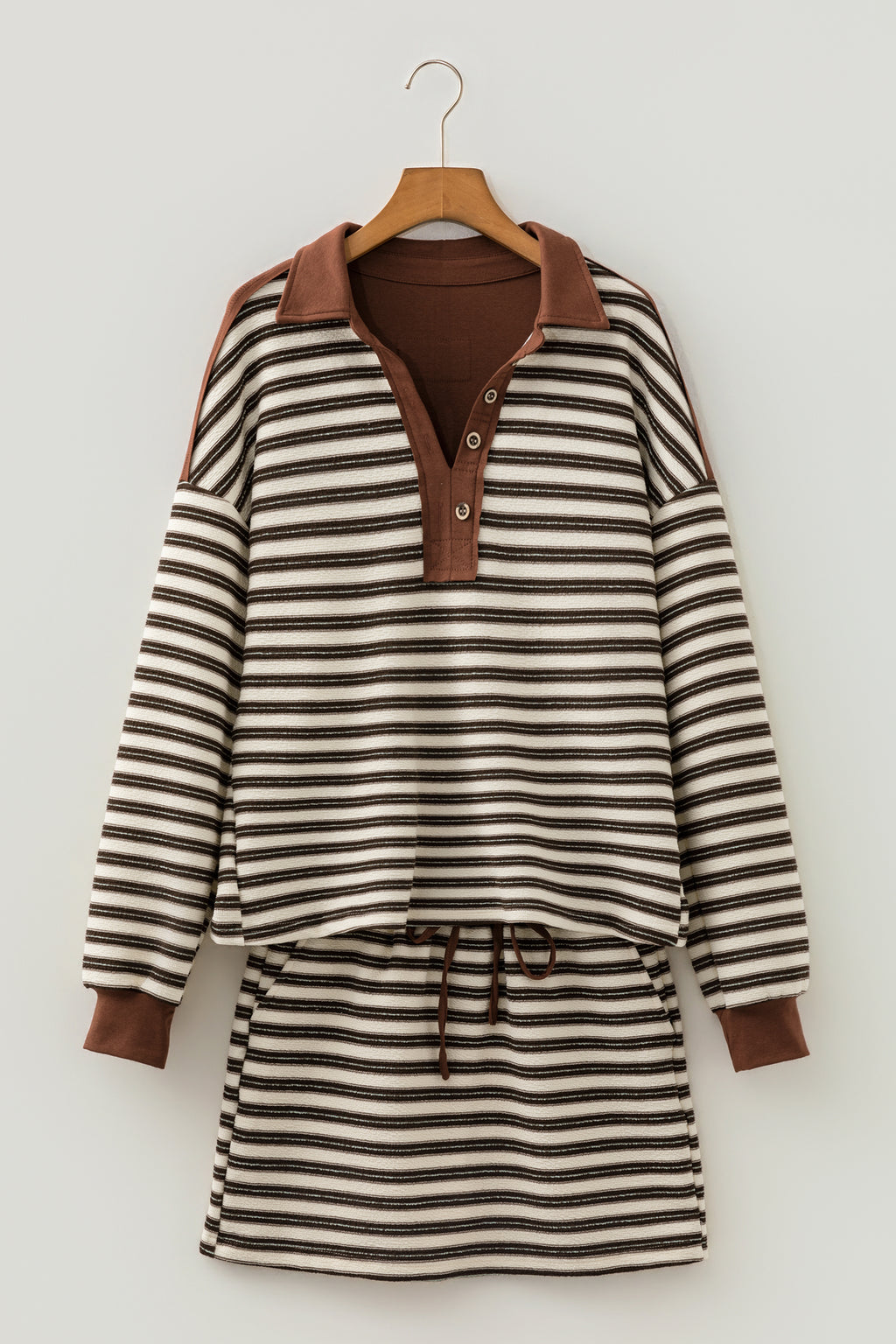 Brown Stripe Contrast Trim Button Neck Long Sleeve Top Drawstring Mini Skirt Set