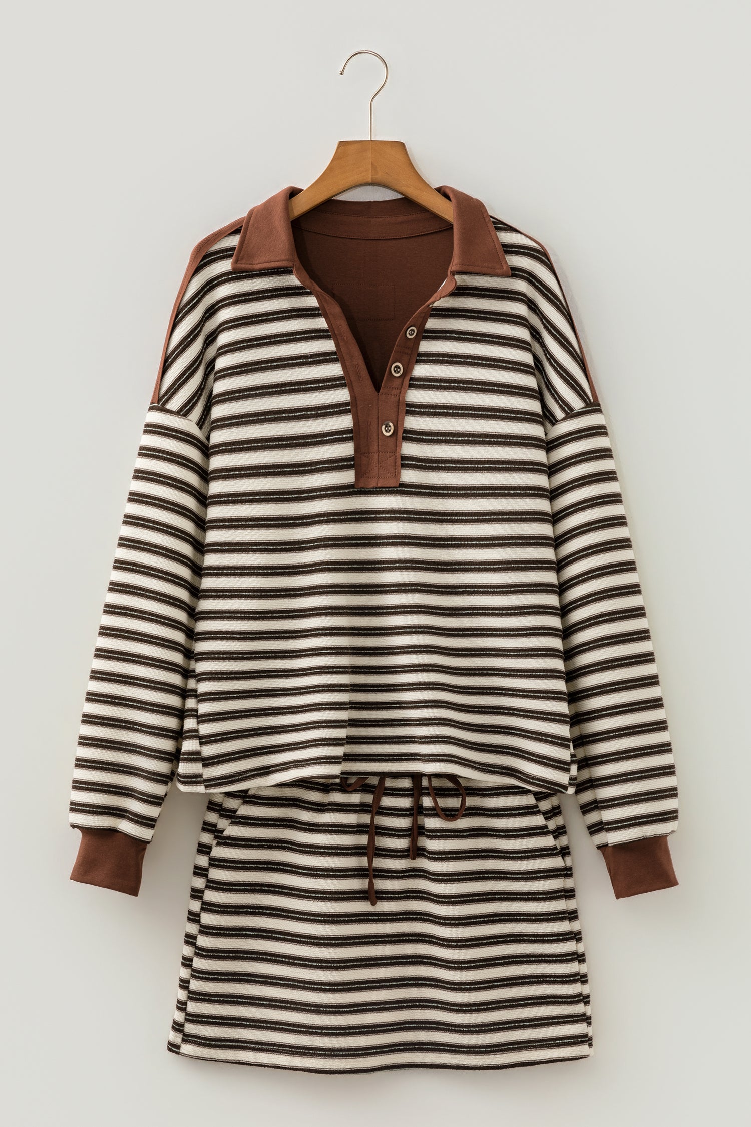 Brown Stripe Contrast Trim Button Neck Long Sleeve Top Drawstring Mini Skirt Set