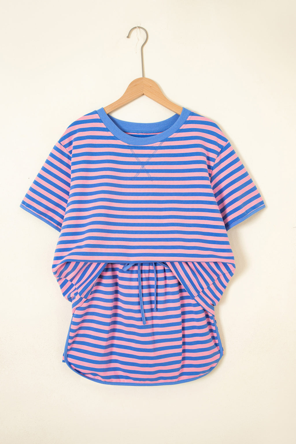 Blue Stripe Relaxed Short Sleeve Top Elastic Waist Drawstring Skort 2pcs Set