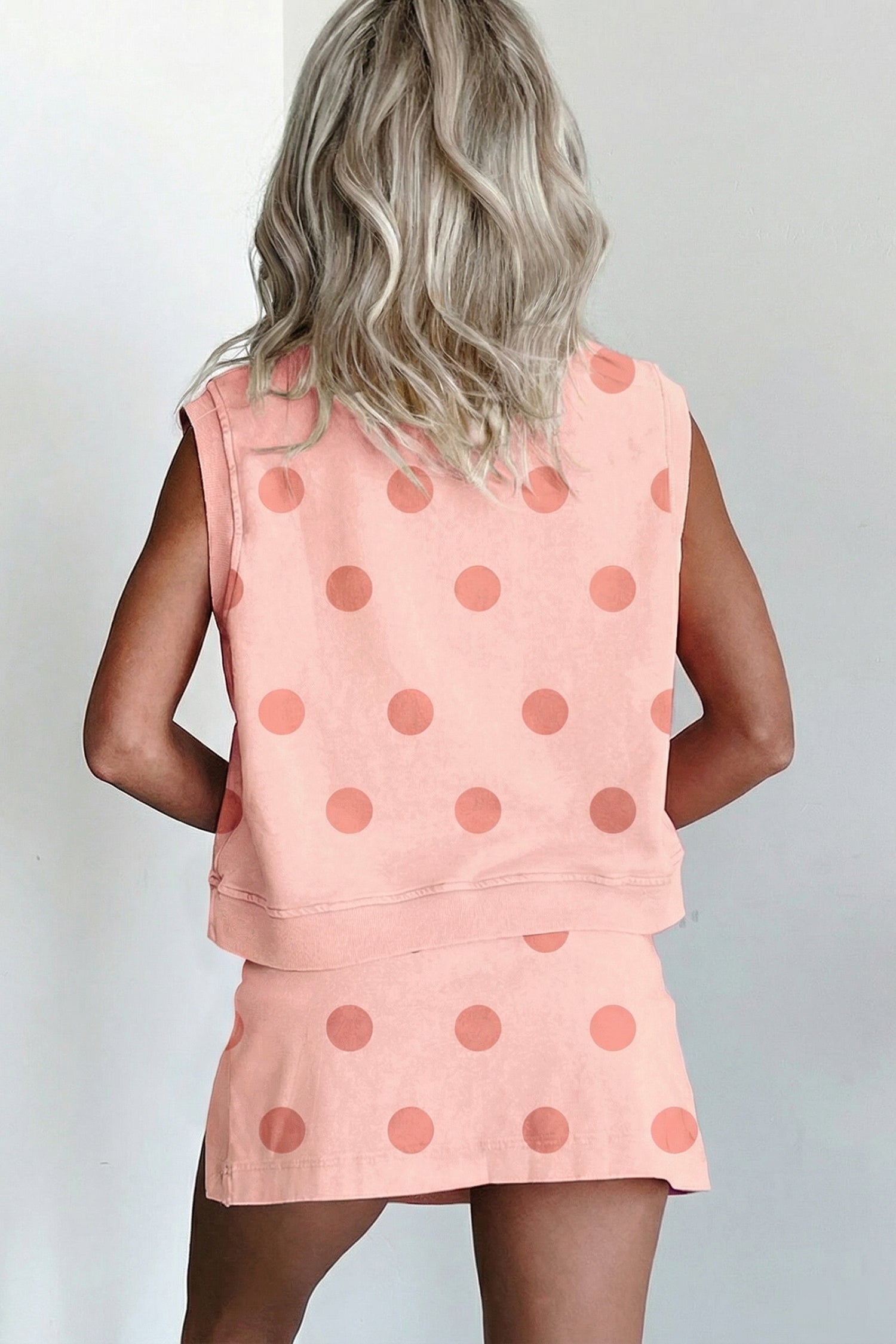 Pink Ribbed Trim Polka Dot Print Tank Split Mini Skort 2pcs Set
