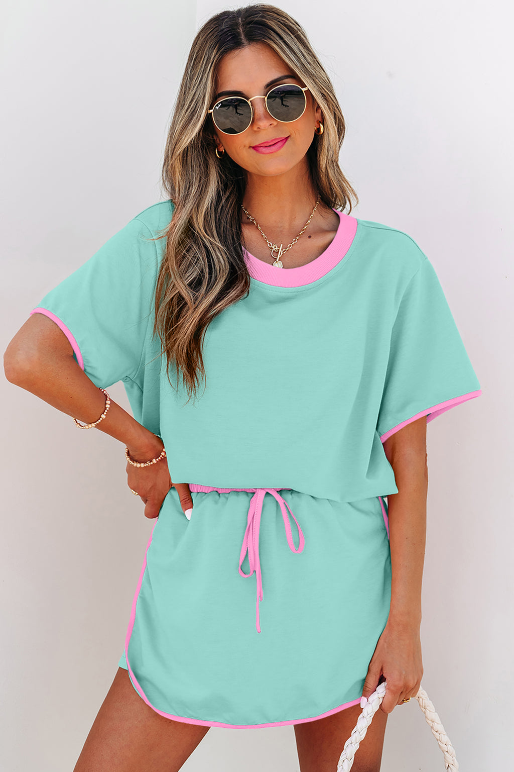 Moonlight Jade Colorblock Edge Drop Shoulder T Shirt and Skort 2Pcs Set