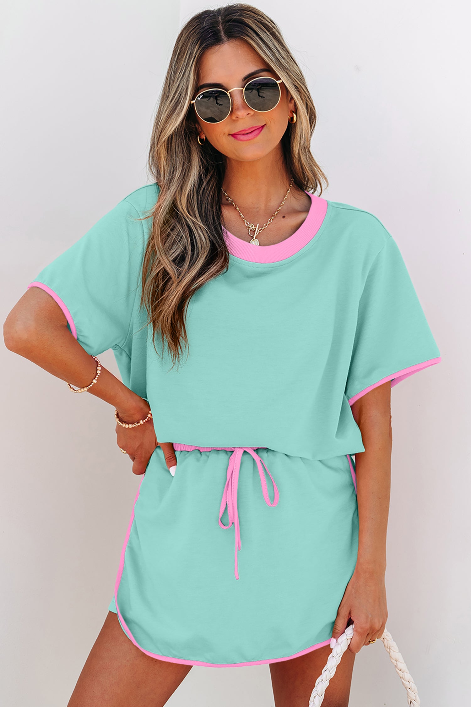 Moonlight Jade Colorblock Edge Drop Shoulder T Shirt and Skort 2Pcs Set