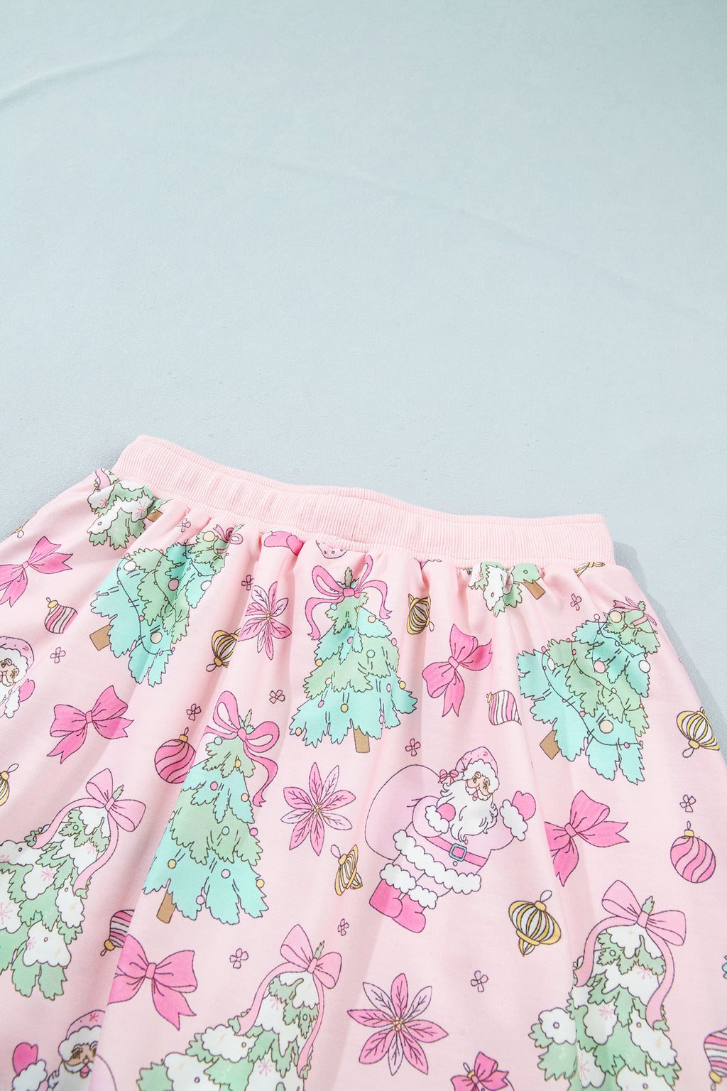 Pink Floral Print Lace Trim Long Sleeve Skirt Set