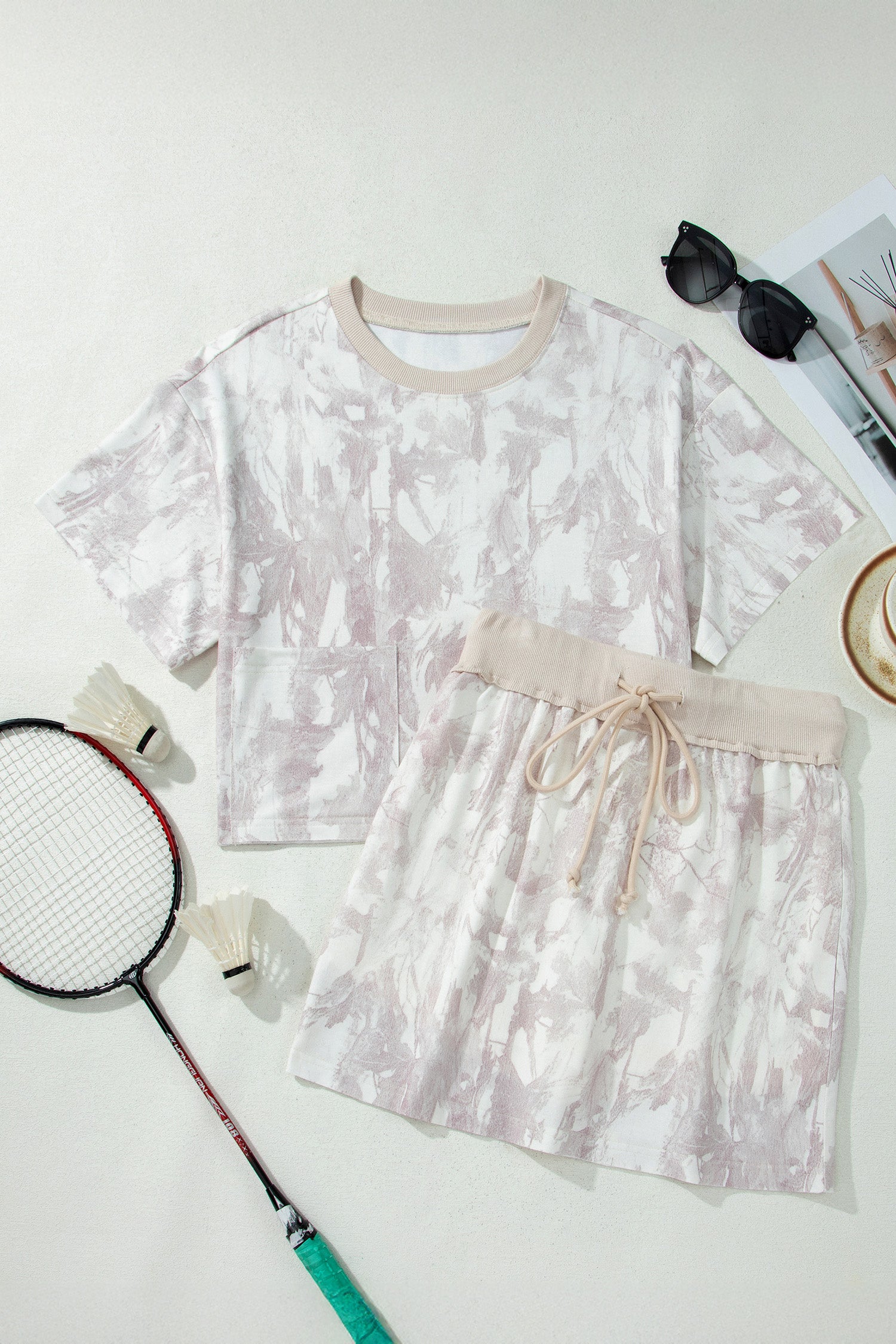 Gray Woodland Camo Print Raw Edge Cropped Top 2pcs Skort Set